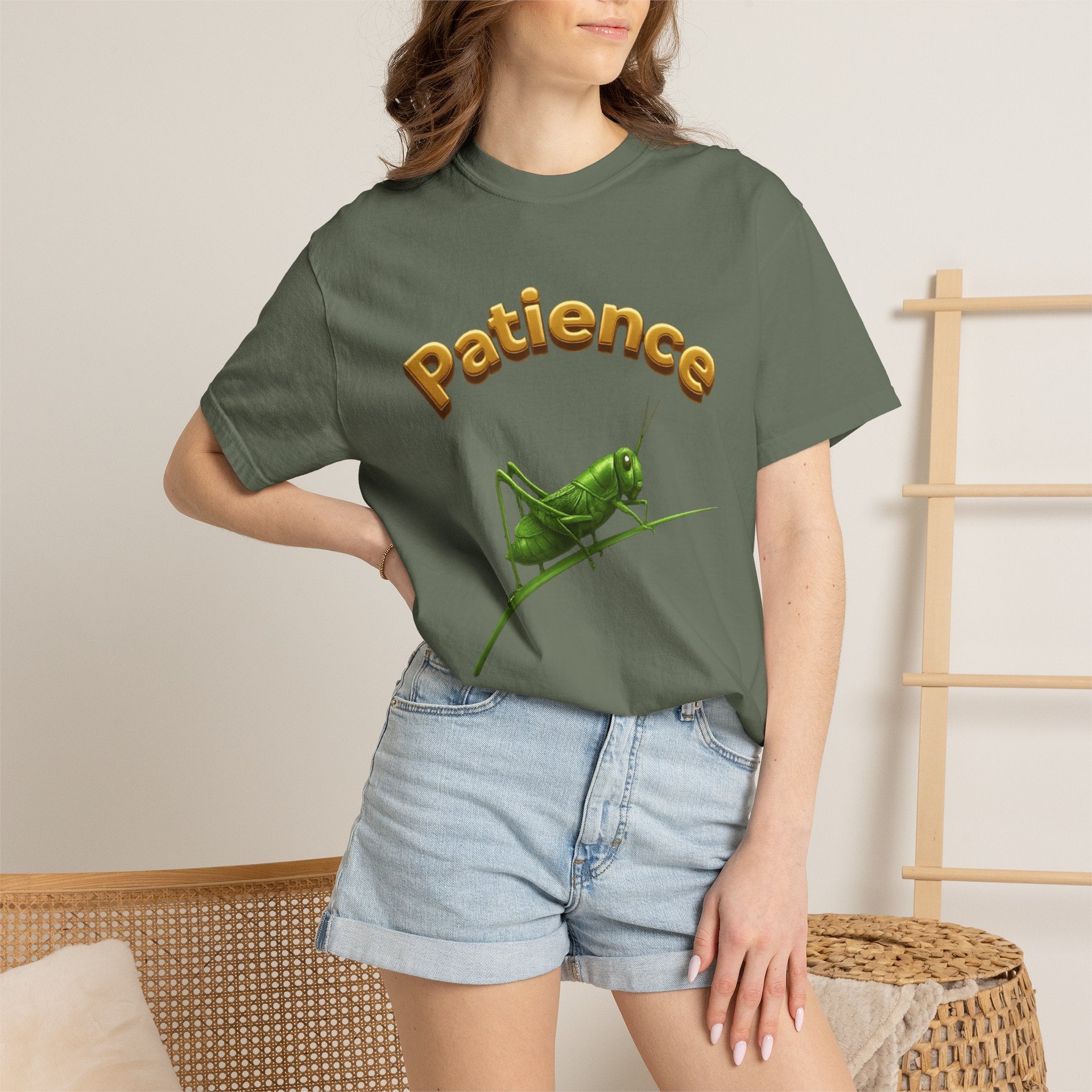 PRB Patience Grasshopper T-shirt | Green Grasshopper Illustration, Positive Quote by Printify