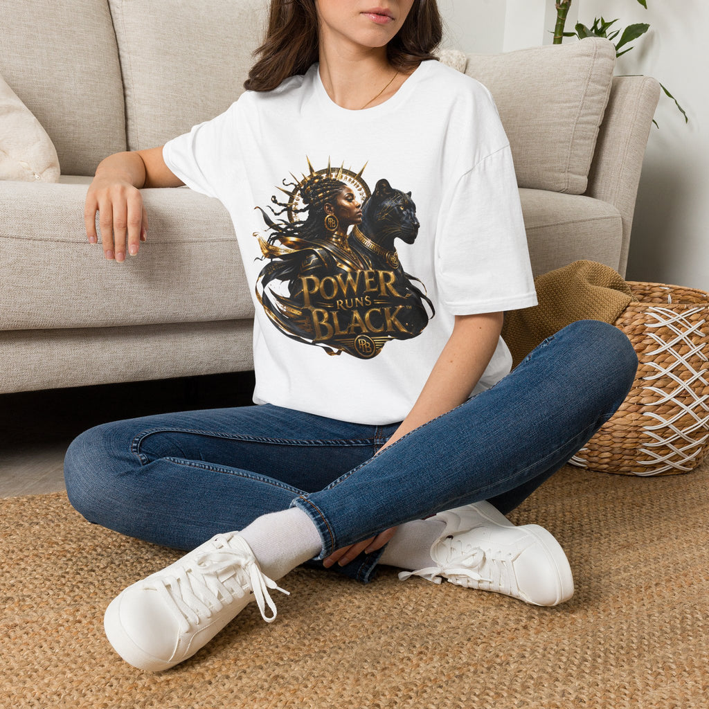 Power Runs Black PRB | Black Woman Portrait, Gold Accents Panther Graphics T by Printify