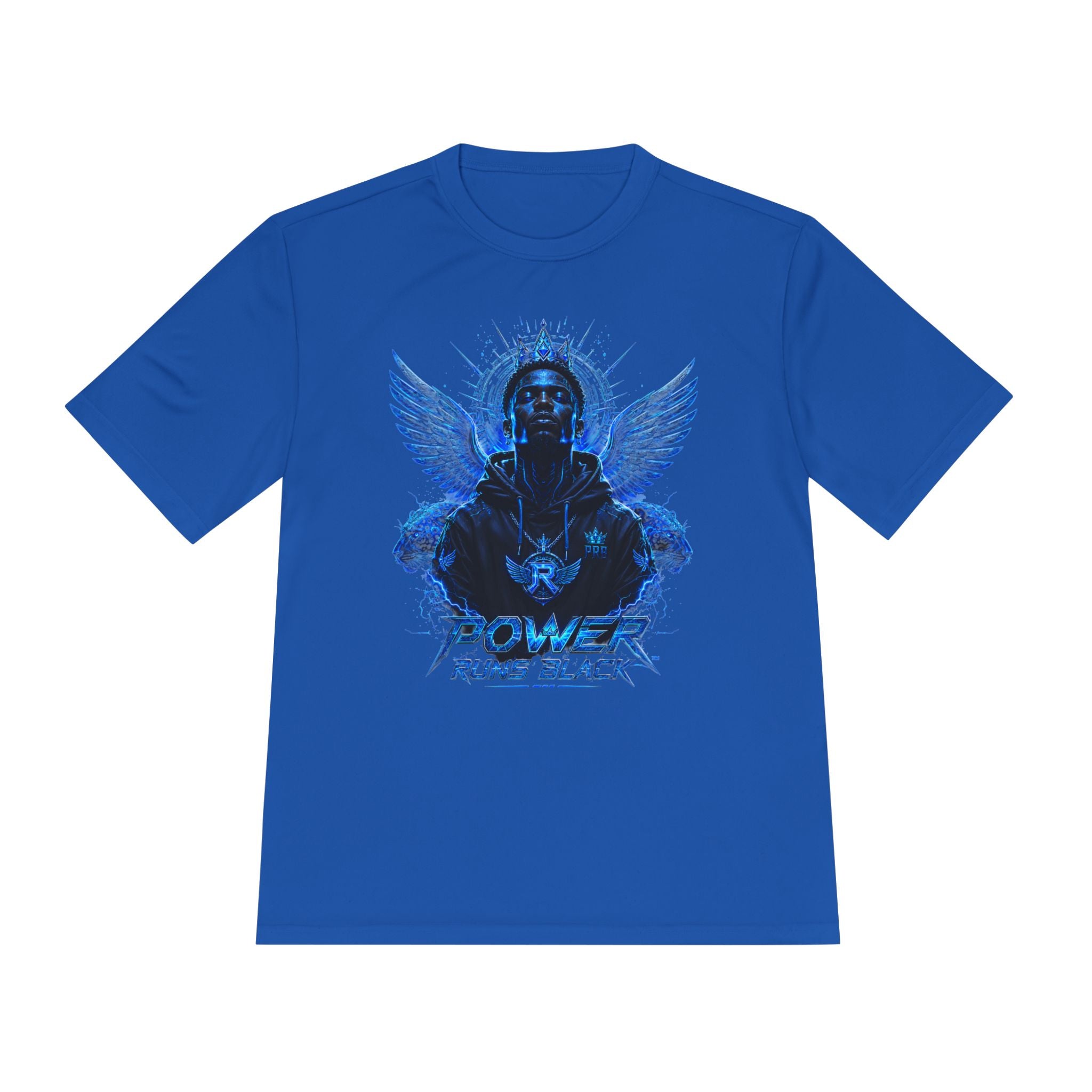 Power Runs Black graphic Tee | Blue angel wings, armored figure, bold script by Power Runs Black