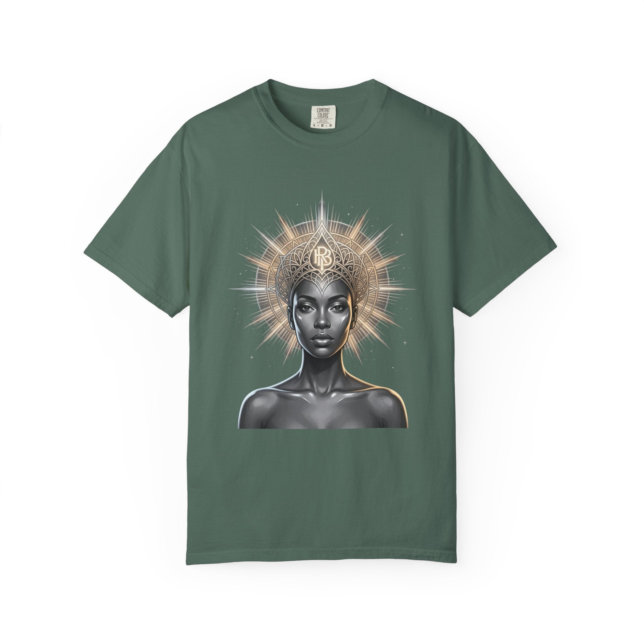 Printify PRB Goddess Halo T‑Shirt — Black Goddess Portrait with Ornate Gold Headdress - T-Shirt