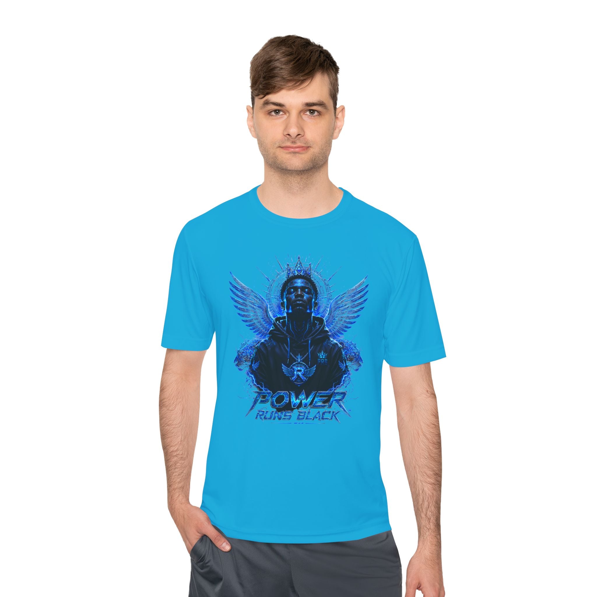 Power Runs Black graphic Tee | Blue angel wings, armored figure, bold script by Power Runs Black