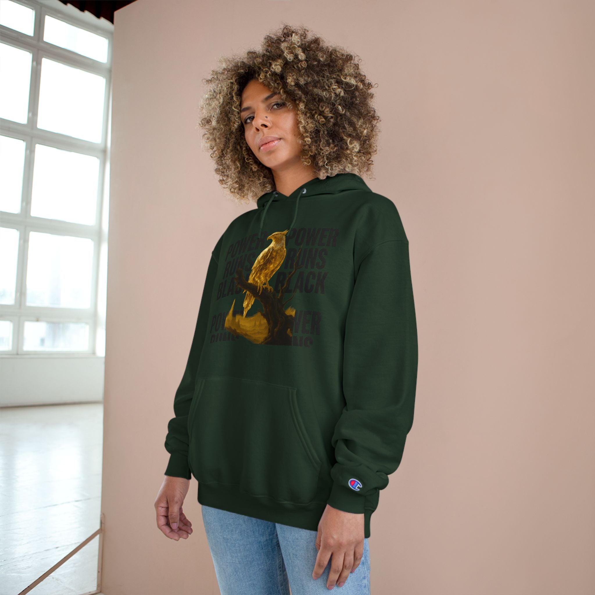 PRB Champion Hoodie — 'Power Runs Black' Golden Bird Graphic Pullover by Power Runs Black