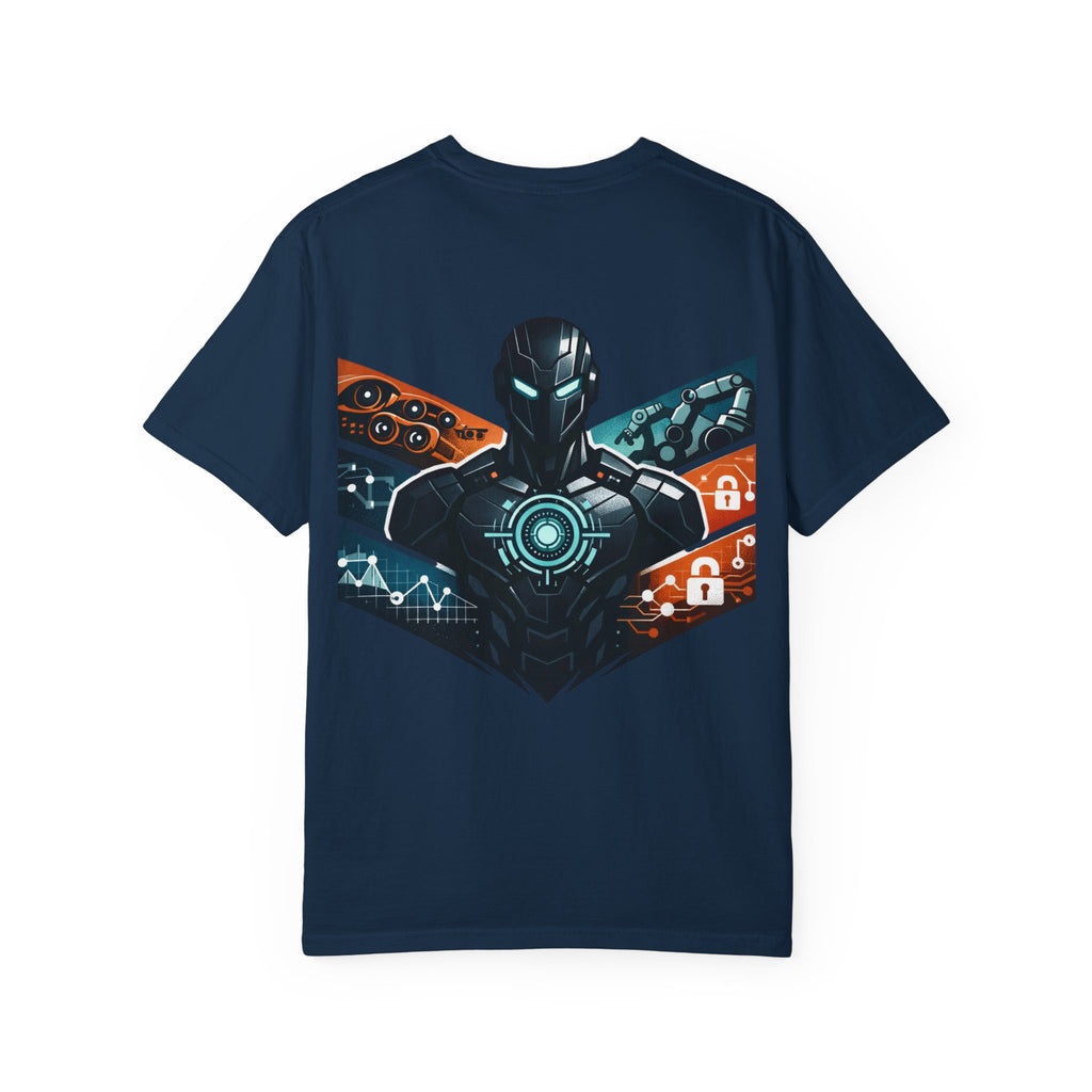 Power Runs Black Cyberframe Unit T-Shirt — Futuristic Tech Armor Graphic Tee by Power Runs Black