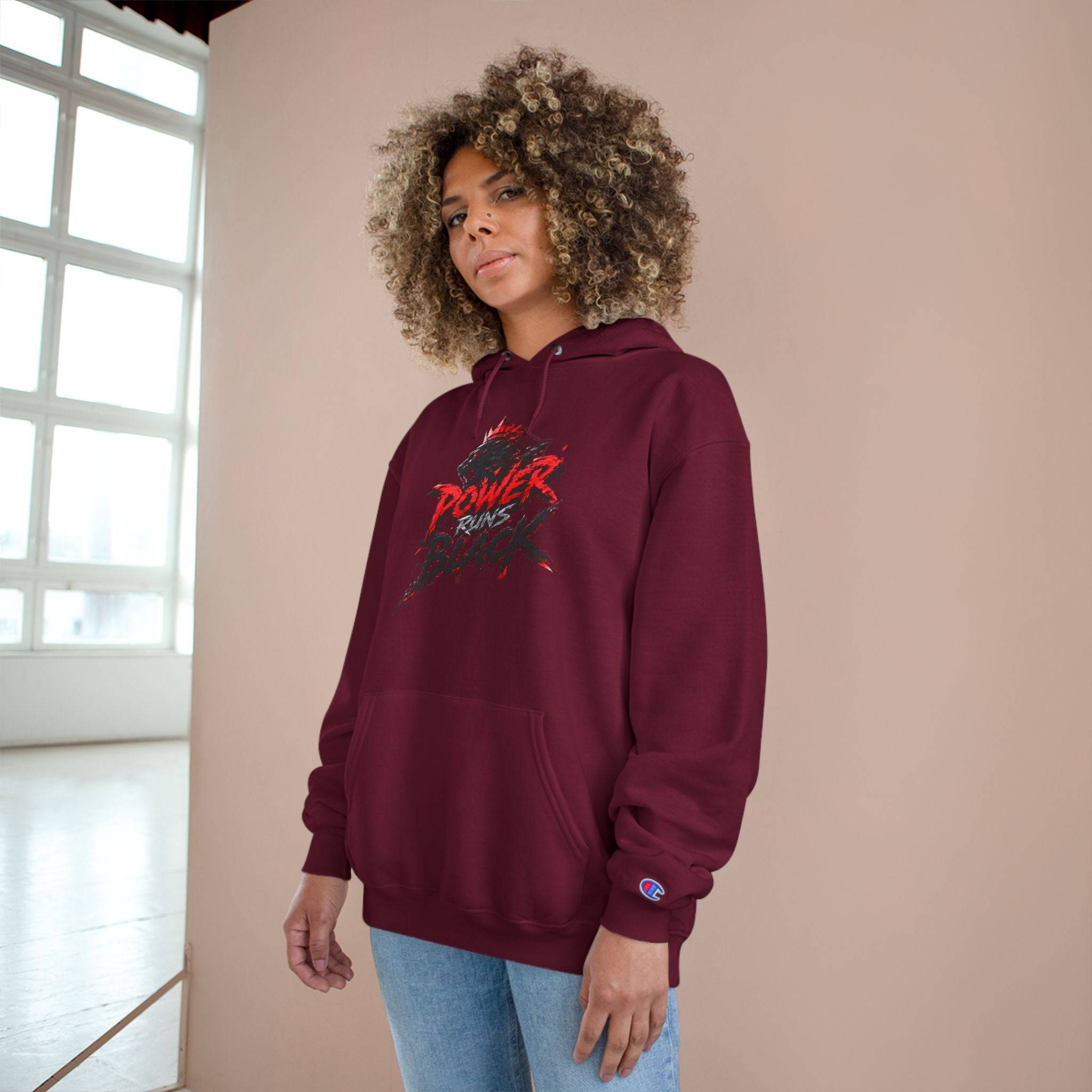 Power Runs Black logo hoodie | Flame crest design by Power Runs Black