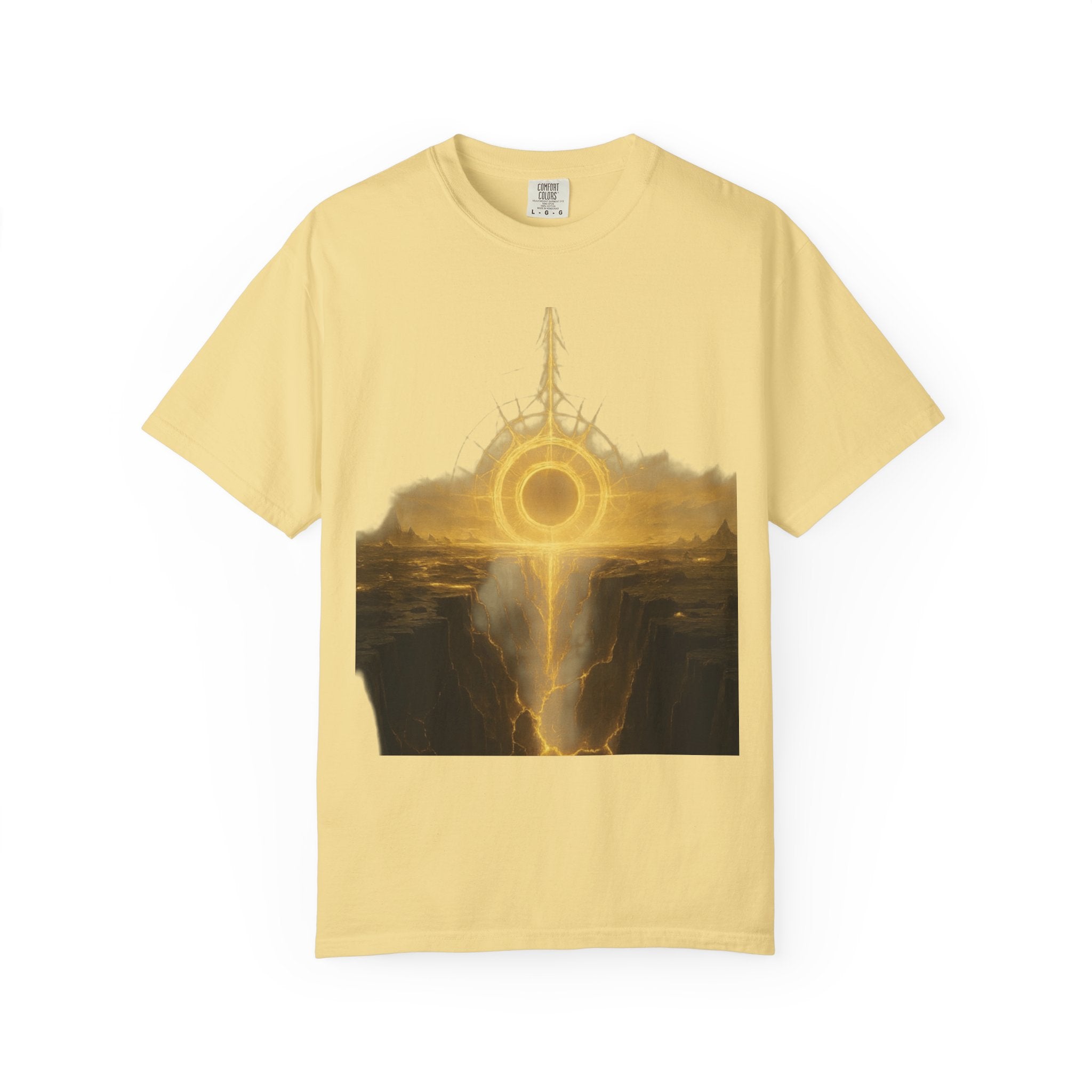 Power Runs Black PRB Golden Eclipse Portal T-shirt | Fantasy Landscape, Mystic Ring, Tower Art by Power Runs Black