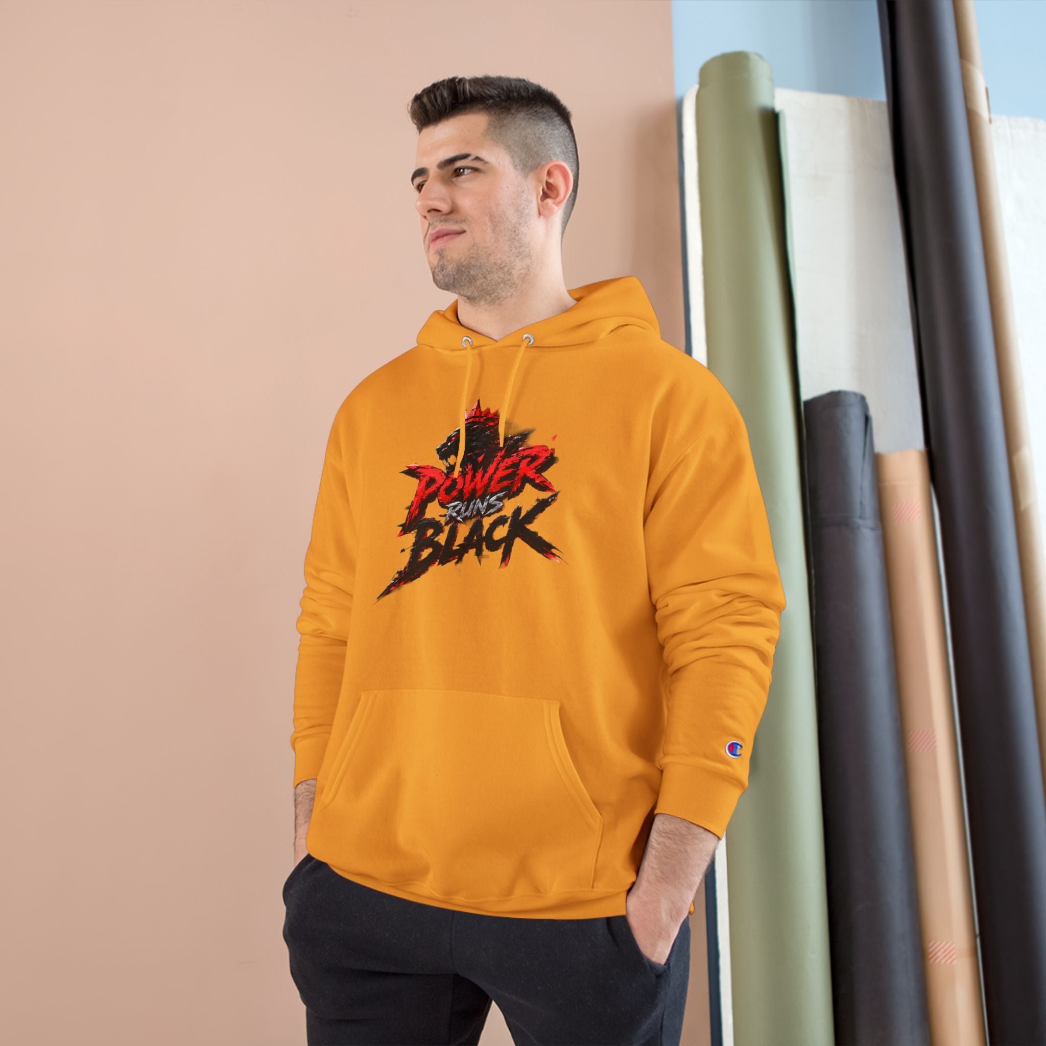 Power Runs Black logo hoodie | Flame crest design by Power Runs Black