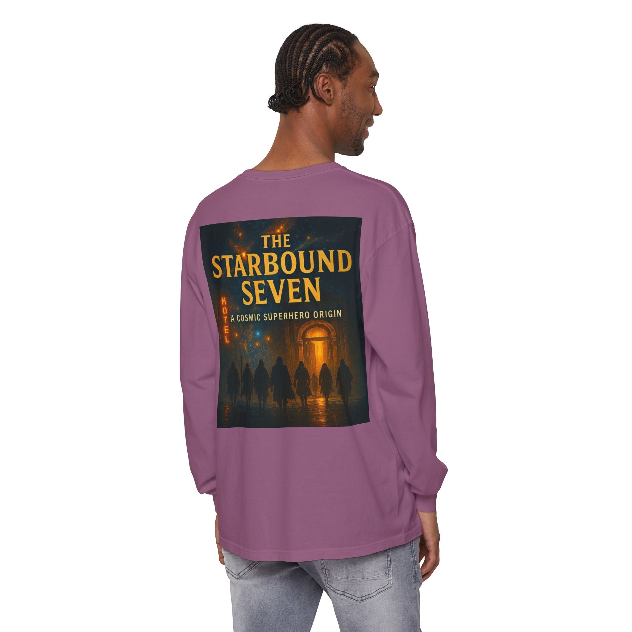 PRB The Starbound Seven graphic long sleeve shirt | cosmic superhero poster by Power Runs Black