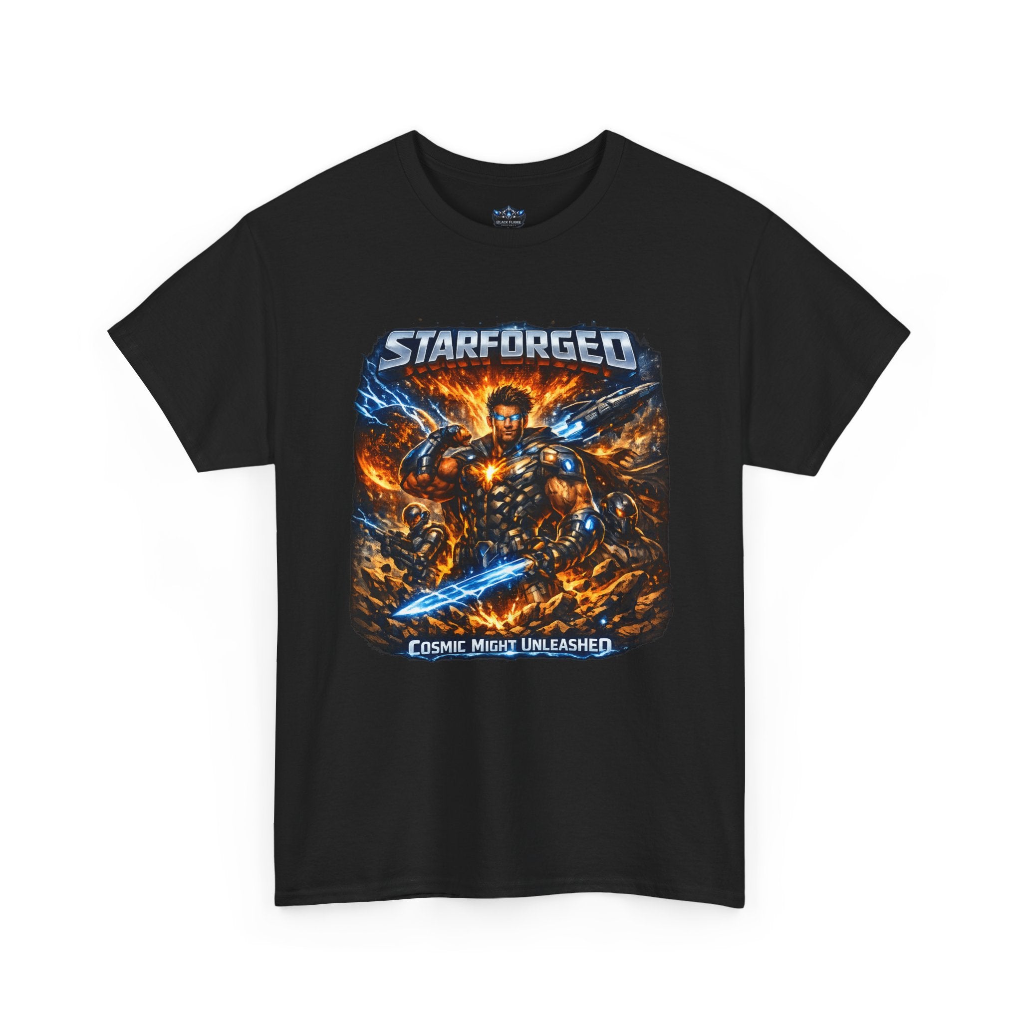 Starforged Flex : Cosmic Might Unleashed Illustration Graphic T by Power Runs Black