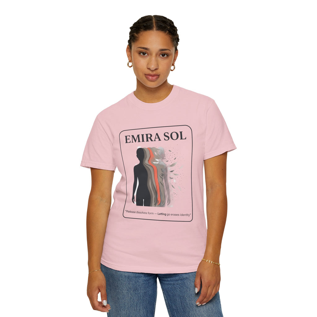 Power Runs Black PRB Emira Sol Graphic T-Shirt — Silhouette Art "Release Shadows" Tee by Printify