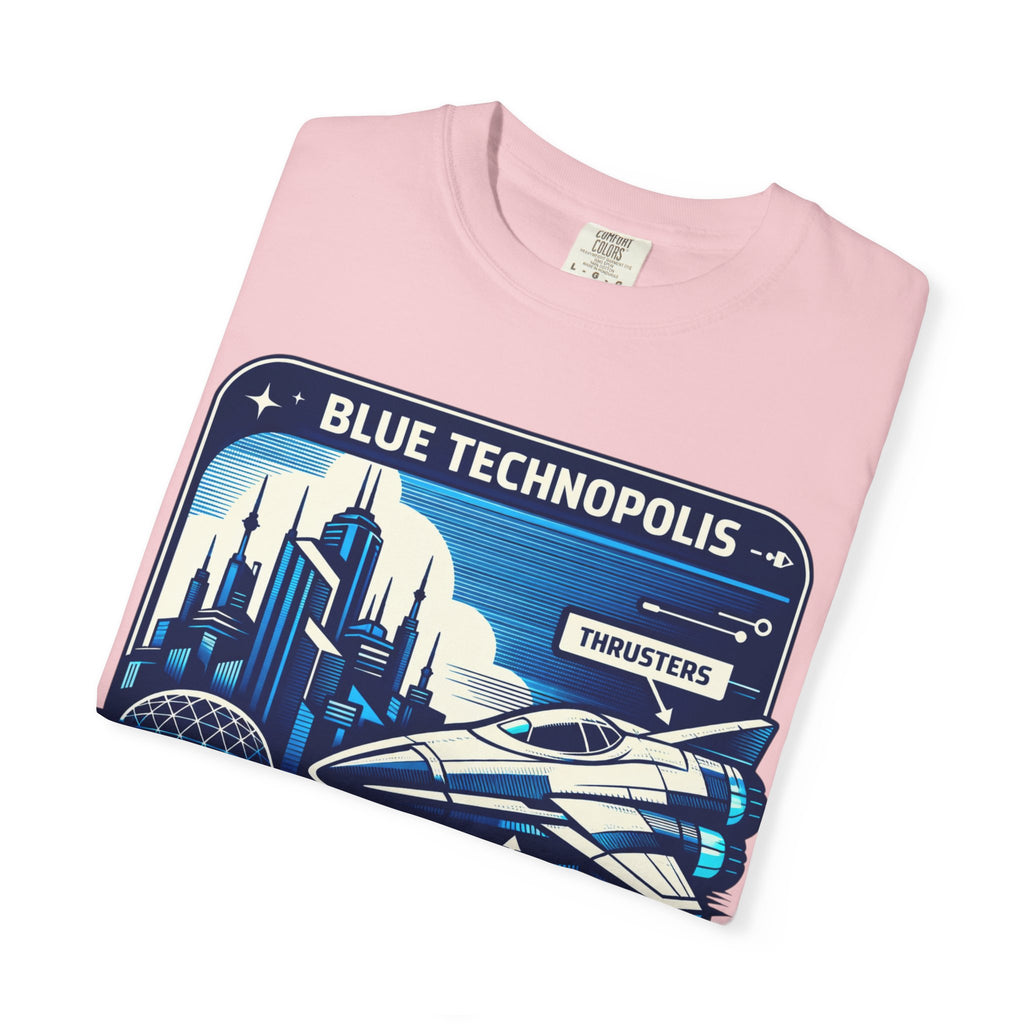 Power Runs Black PRB Technopolis Spacecraft T-Shirt — Blue Technopolis Retro Sci‑Fi Tee by Printify