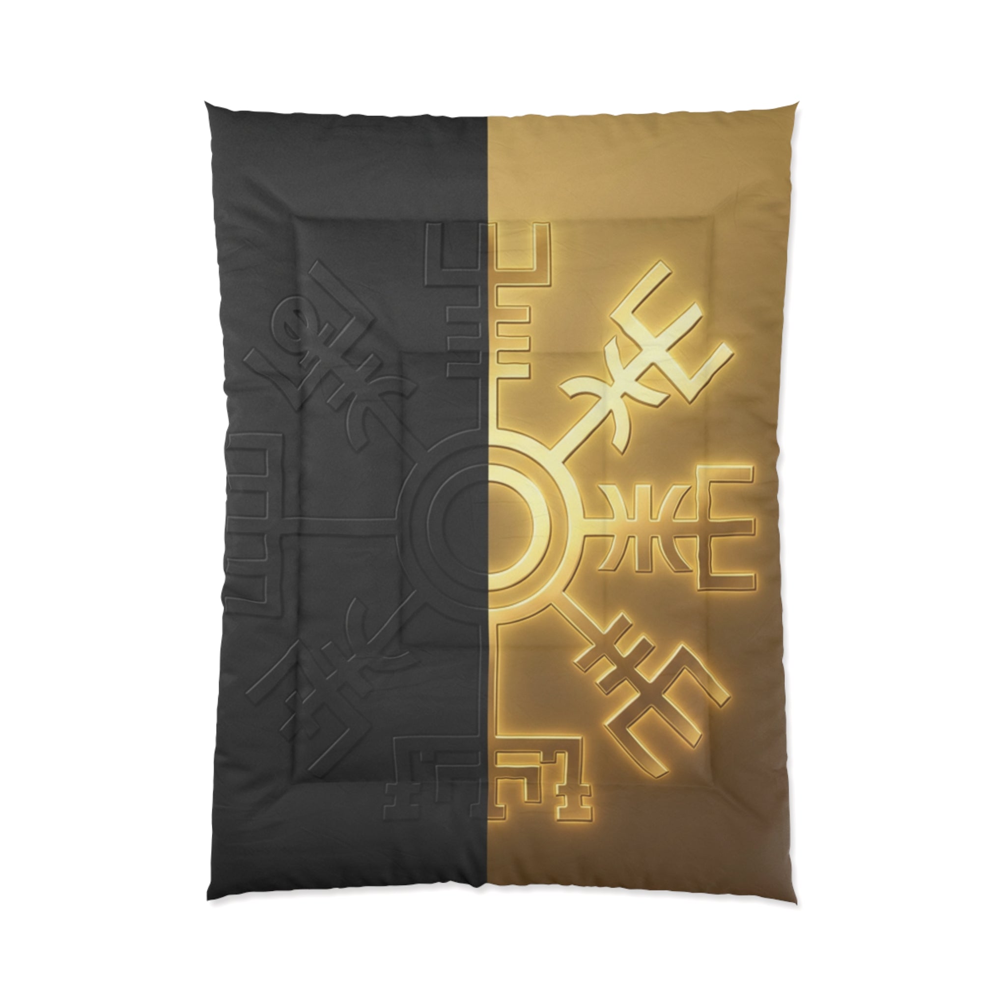 Power Runs Black PRB Gold & Black Nordic Rune Comforter – Viking Symbol Duvet Cover by Printify