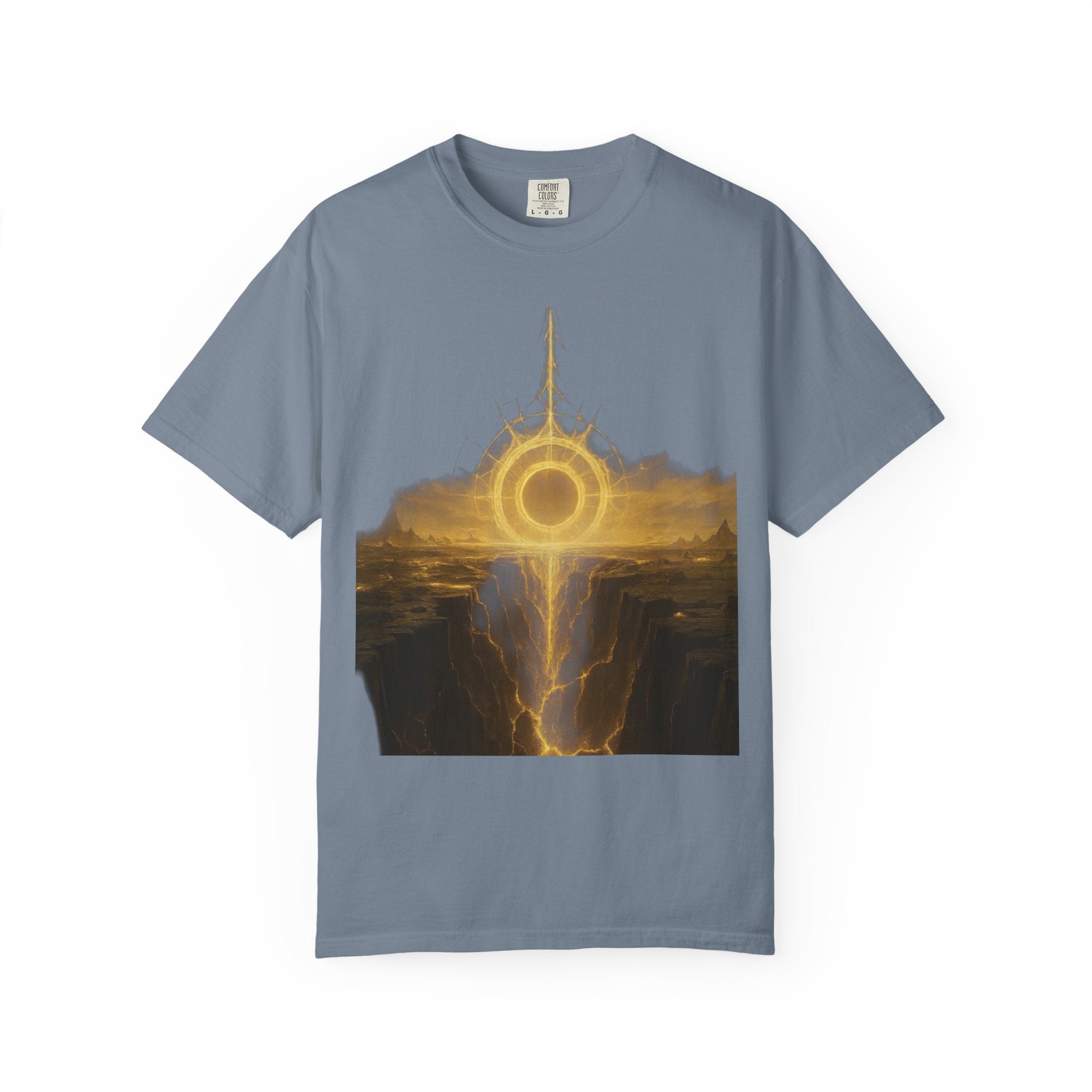 Power Runs Black PRB Golden Eclipse Portal T-shirt | Fantasy Landscape, Mystic Ring, Tower Art by Power Runs Black