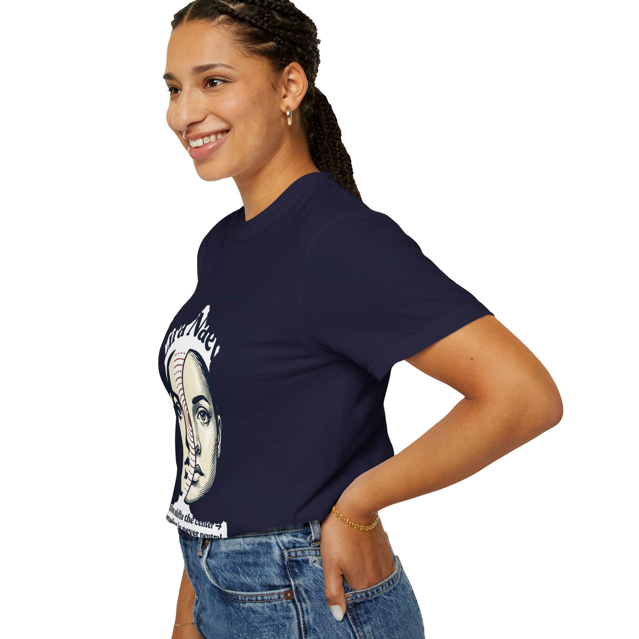 Power Runs Black PRB Lira Naev Split-Face Graphic T-Shirt — “Perception shifts the center” Statement Tee by Printify