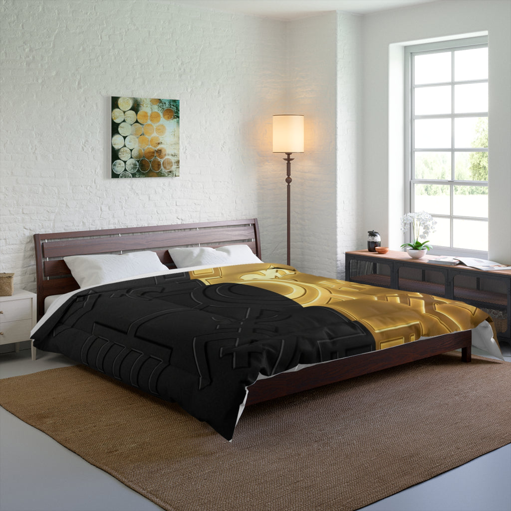 Power Runs Black PRB Gold & Black Nordic Rune Comforter – Viking Symbol Duvet Cover by Printify