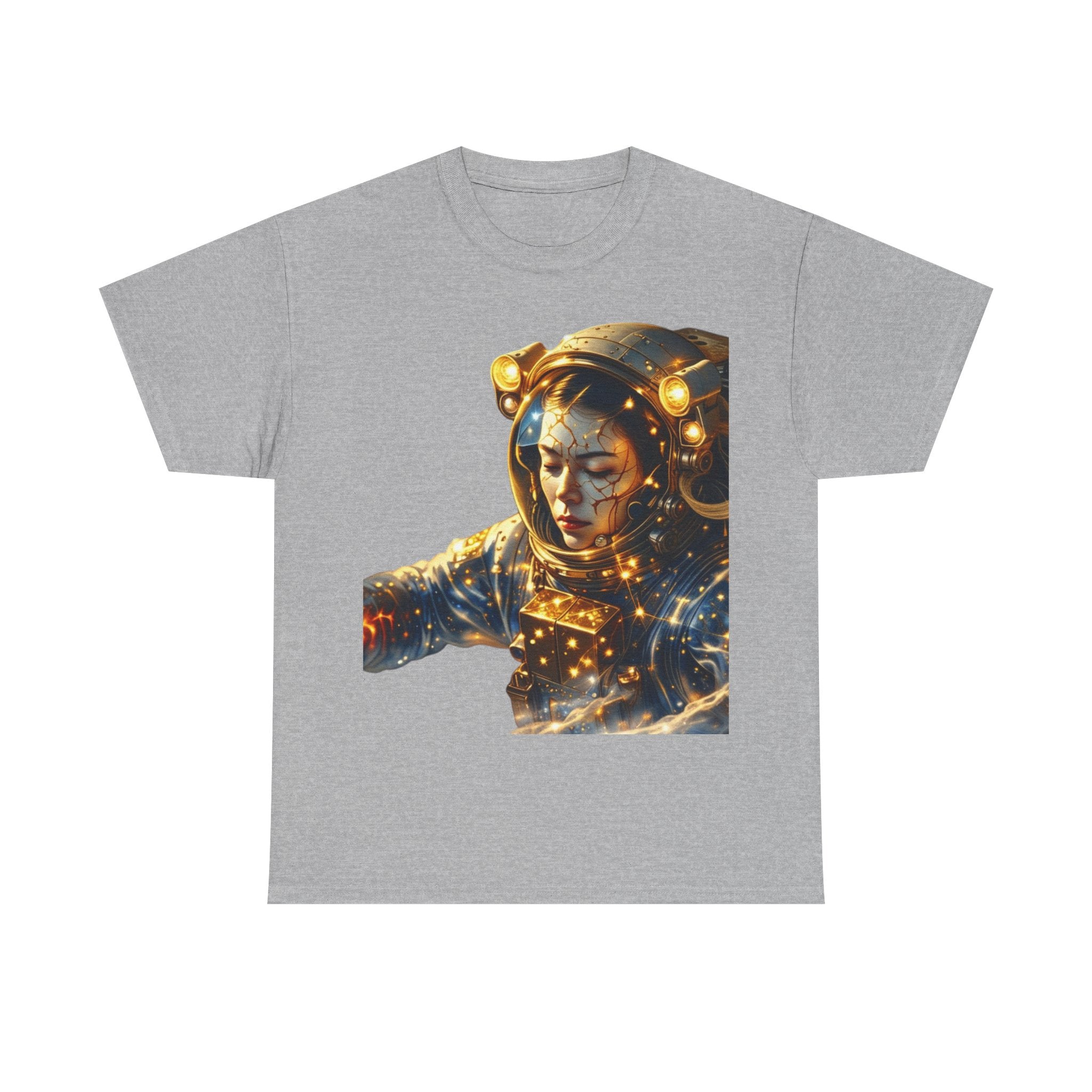 PRB Golden Astronaut Portrait T-Shirt | Space Helmet Art, Cosmic Lights by Power Runs Black