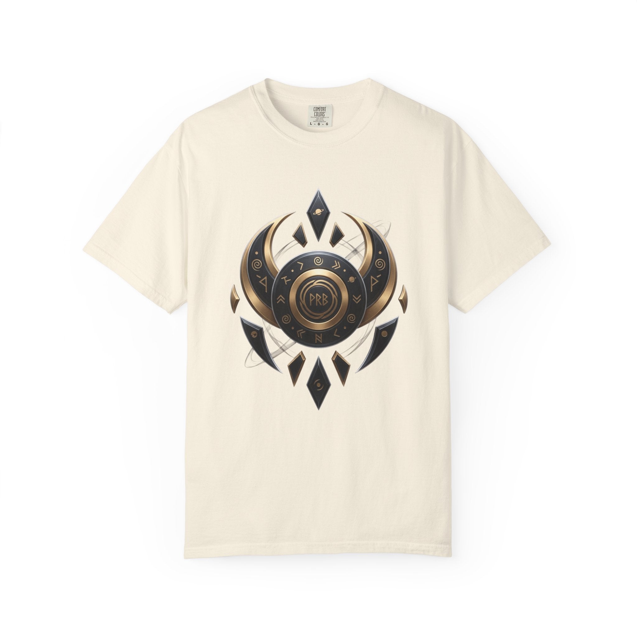 Power Runs Black Mystic Compass Disc T-Shirt — Geometric Gold & Black Emblem Tee by Printify
