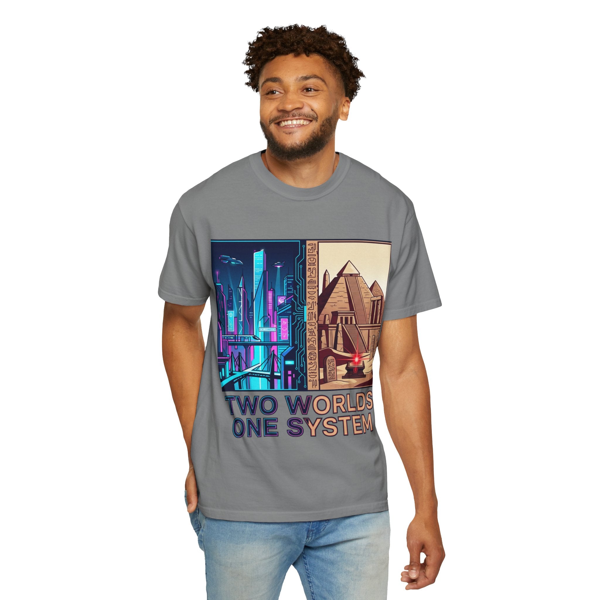 Power Runs Black PRB Blue Technopolis/ Red Dominion Two Worlds One System T-Shirt by Power Runs Black