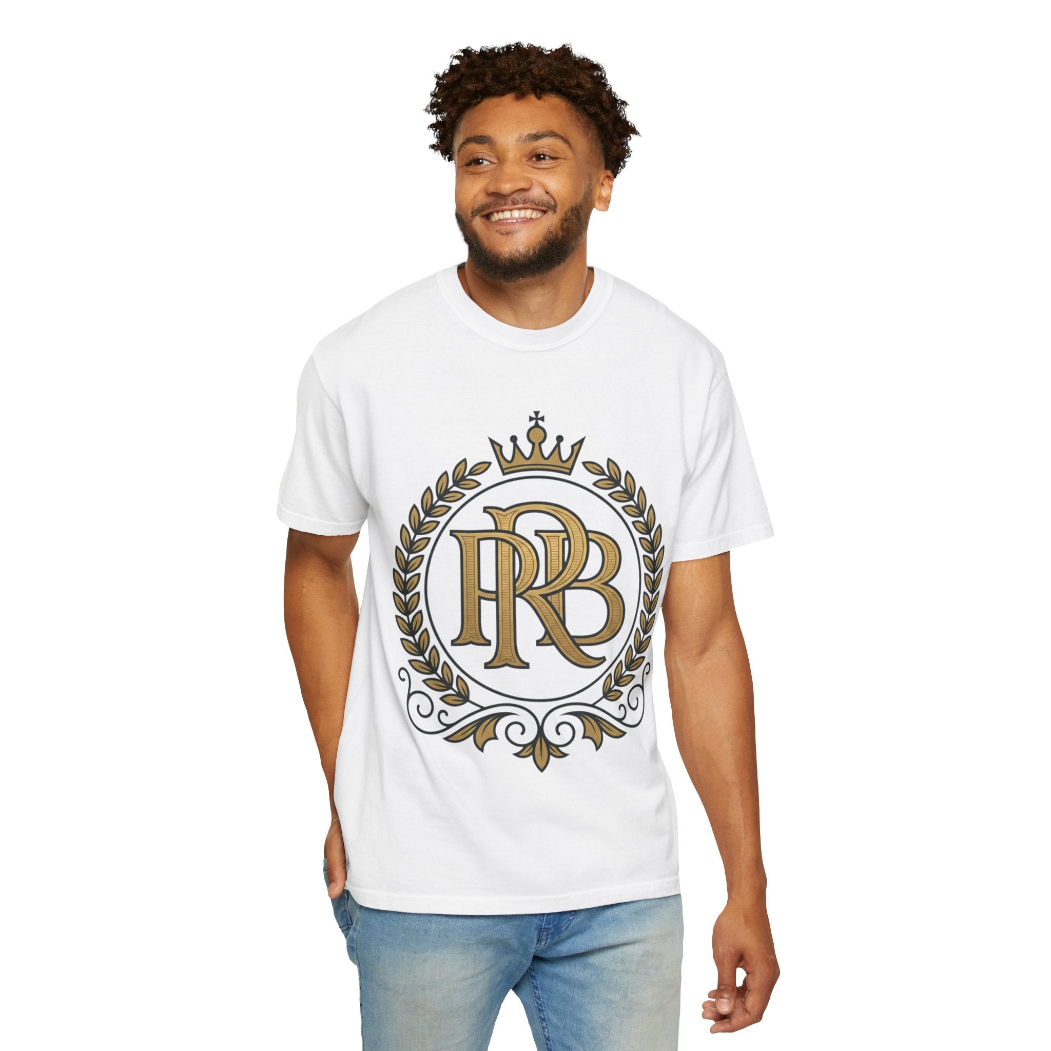 PRB Gold Monogram Crest Graphic T-Shirt | Laurel Crown Emblem Streetwear Tee by Printify