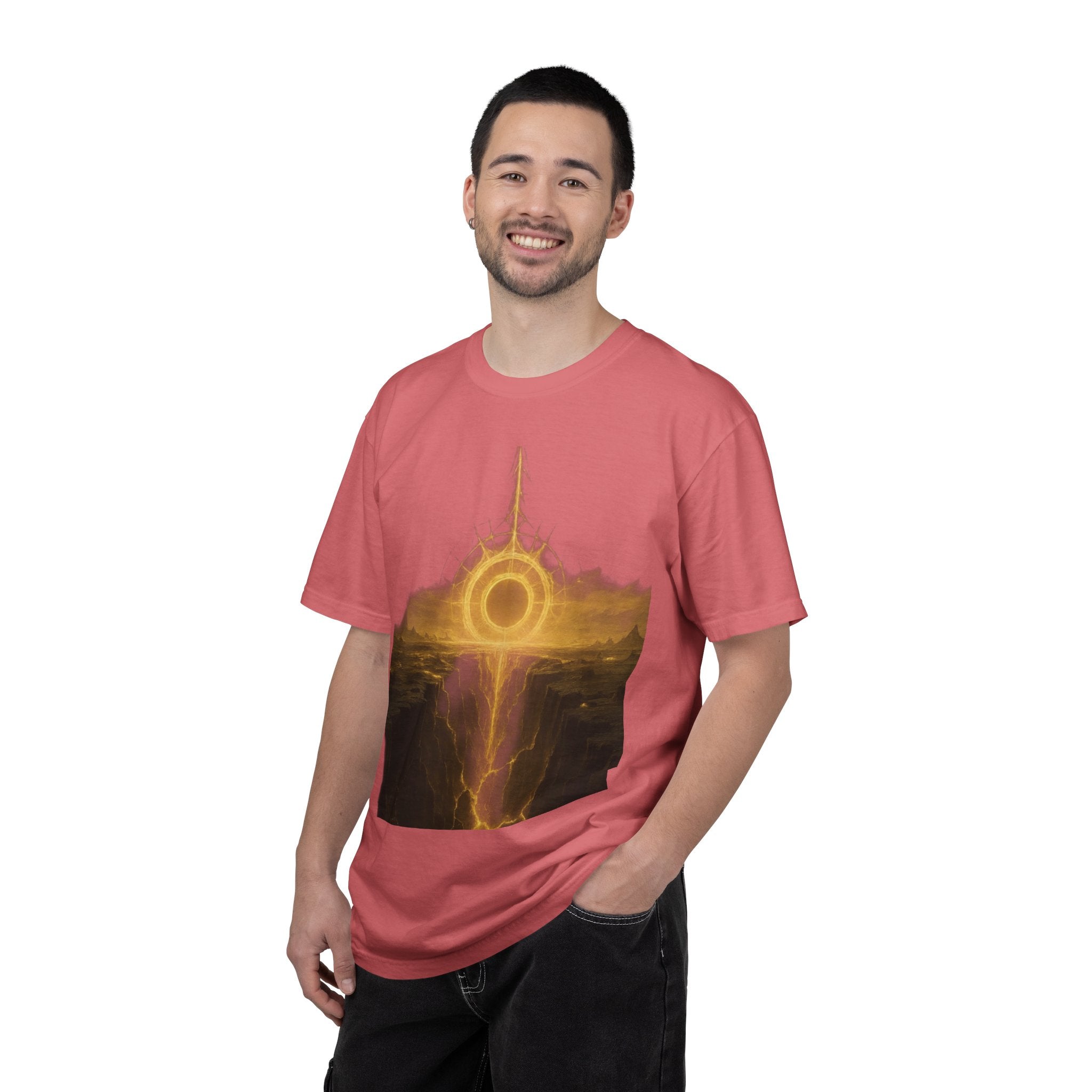 Power Runs Black PRB Golden Eclipse Portal T-shirt | Fantasy Landscape, Mystic Ring, Tower Art by Power Runs Black