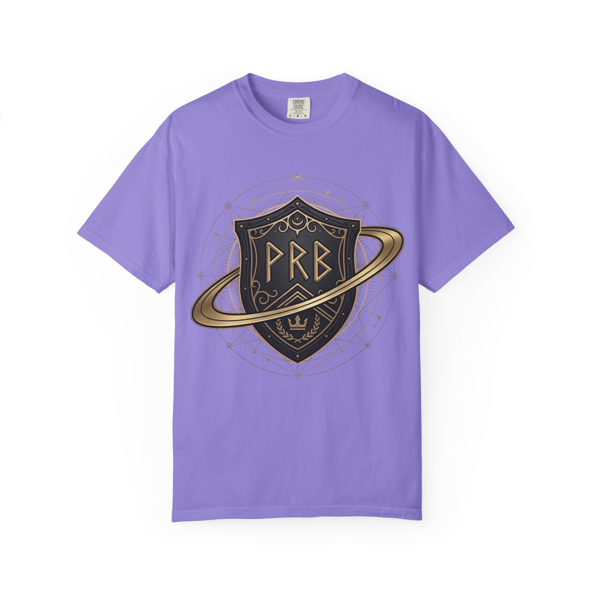 Power Runs Black Astral Crest Shield PRB T-Shirt | Saturn Ring Emblem, Gothic Heraldry by Printify