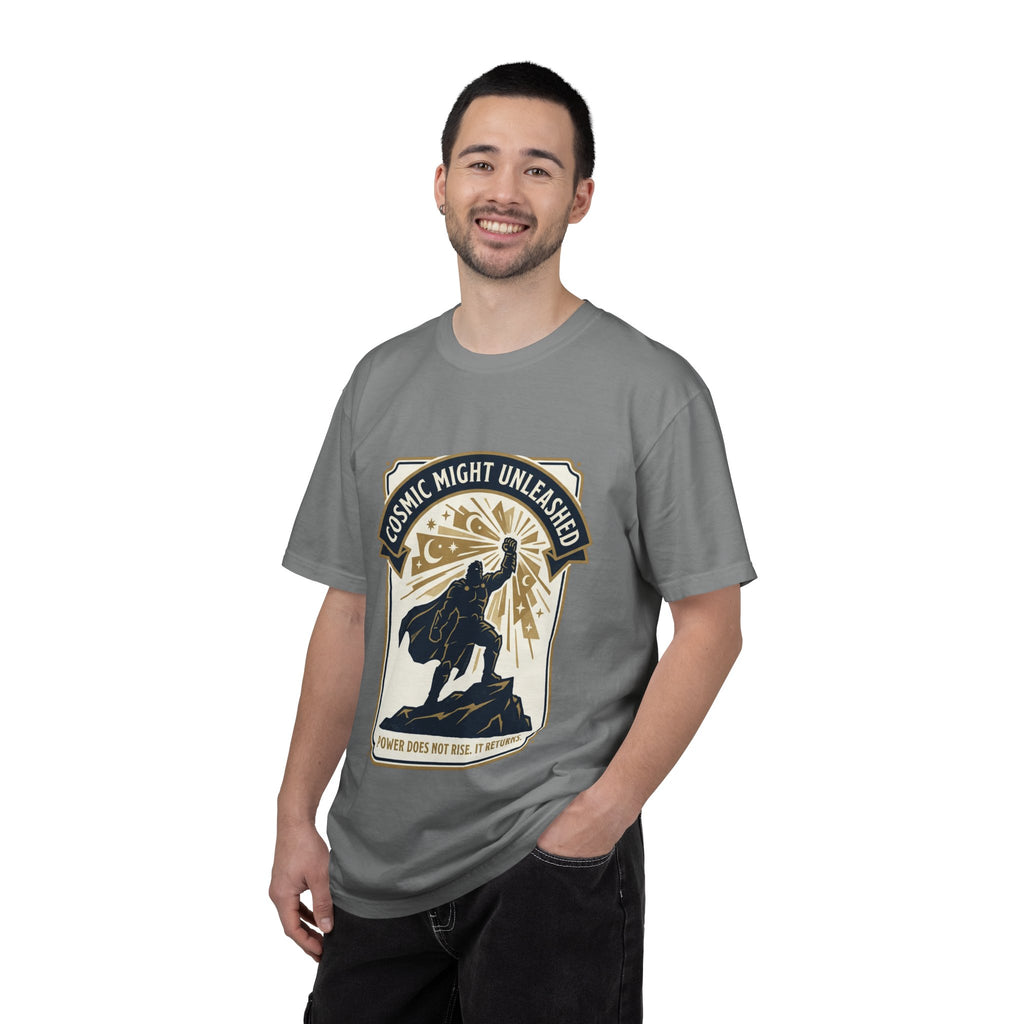 PRB Starforged Flex Cosmic Might Unleashed T-Shirt — Retro Superhero Space Graphic ('Power Does Not Rise, It Returns') by Power Runs Black