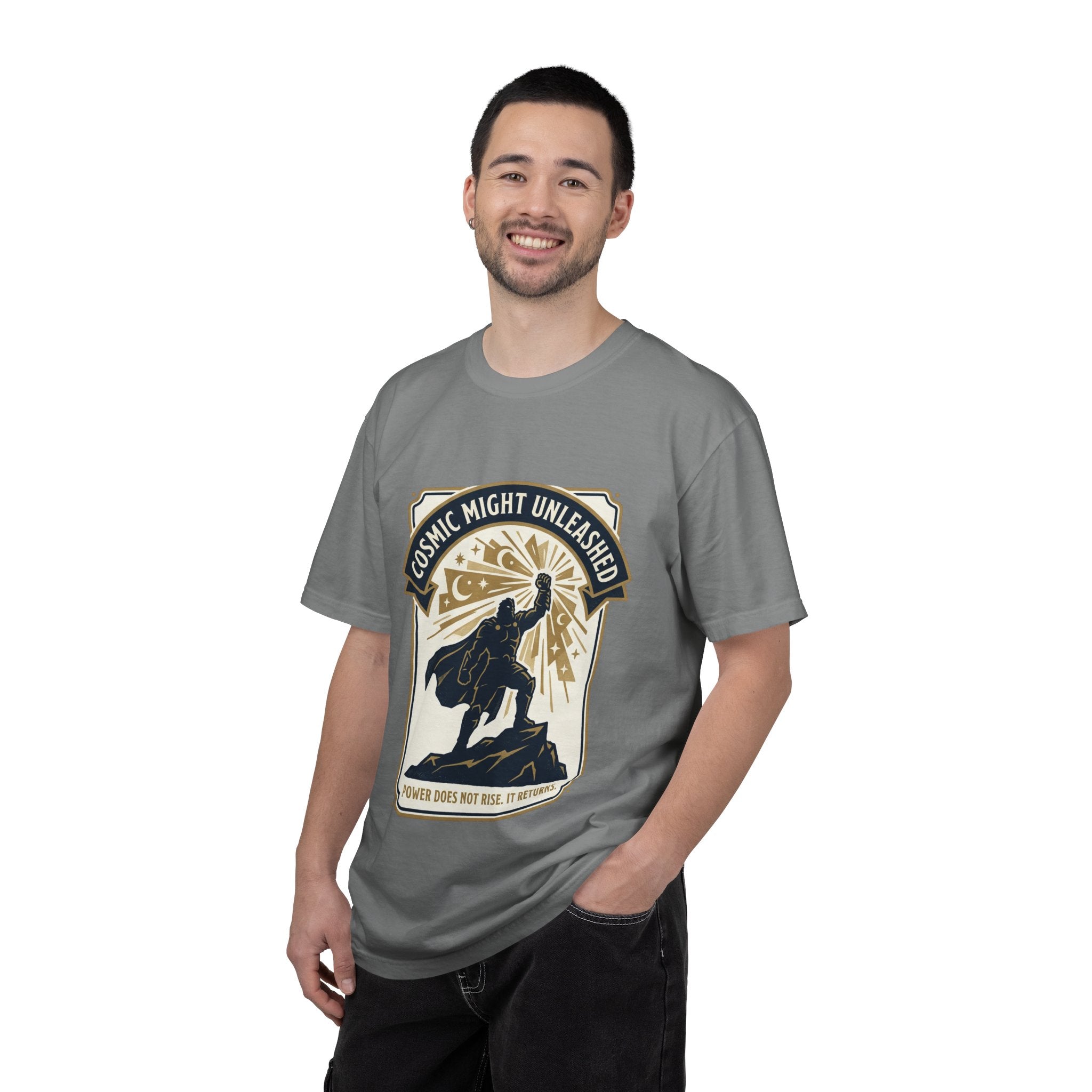 PRB Starforged Flex Cosmic Might Unleashed T-Shirt — Retro Superhero Space Graphic ('Power Does Not Rise, It Returns') by Power Runs Black