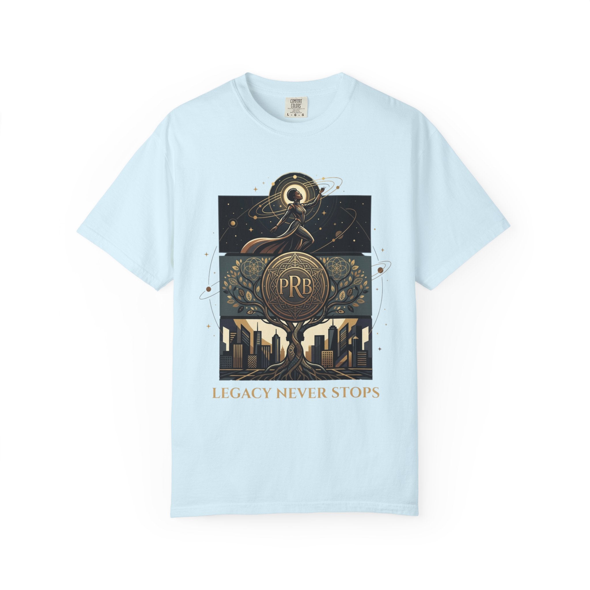 PRB Legacy Never Stops Graphic T-Shirt | Art Deco City Skyline Tee by Printify