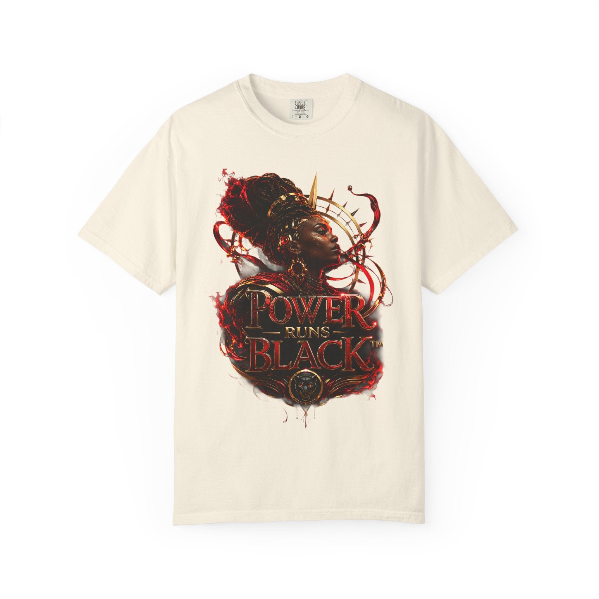 Power Runs Black T-Shirt — Afrocentric Crowned Goddess Graphic Tee by Printify