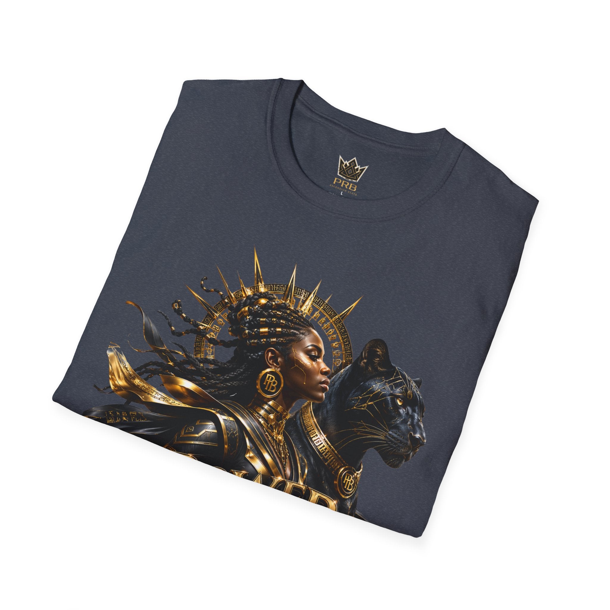 Power Runs Black PRB | Black Woman Portrait, Gold Accents Panther Graphics T by Power Runs Black