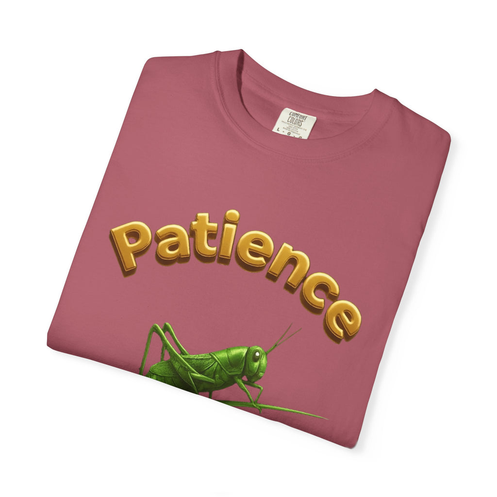 PRB Patience Grasshopper T-shirt | Green Grasshopper Illustration, Positive Quote by Power Runs Black