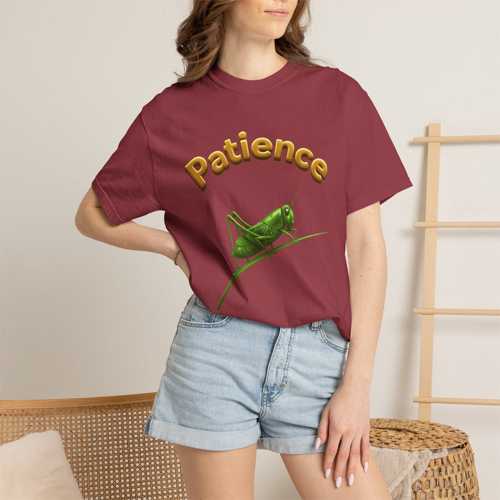 PRB Patience Grasshopper T-shirt | Green Grasshopper Illustration, Positive Quote by Printify