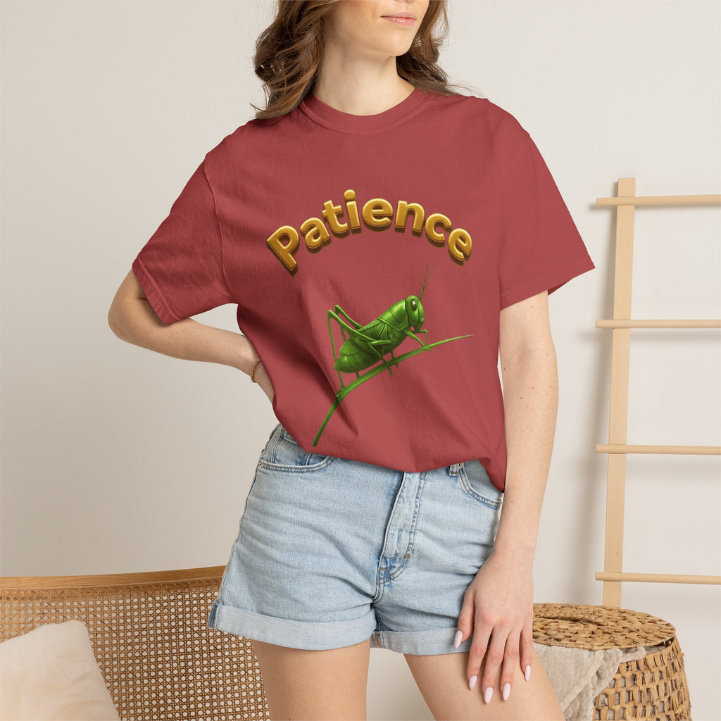 PRB Patience Grasshopper T-shirt | Green Grasshopper Illustration, Positive Quote by Printify