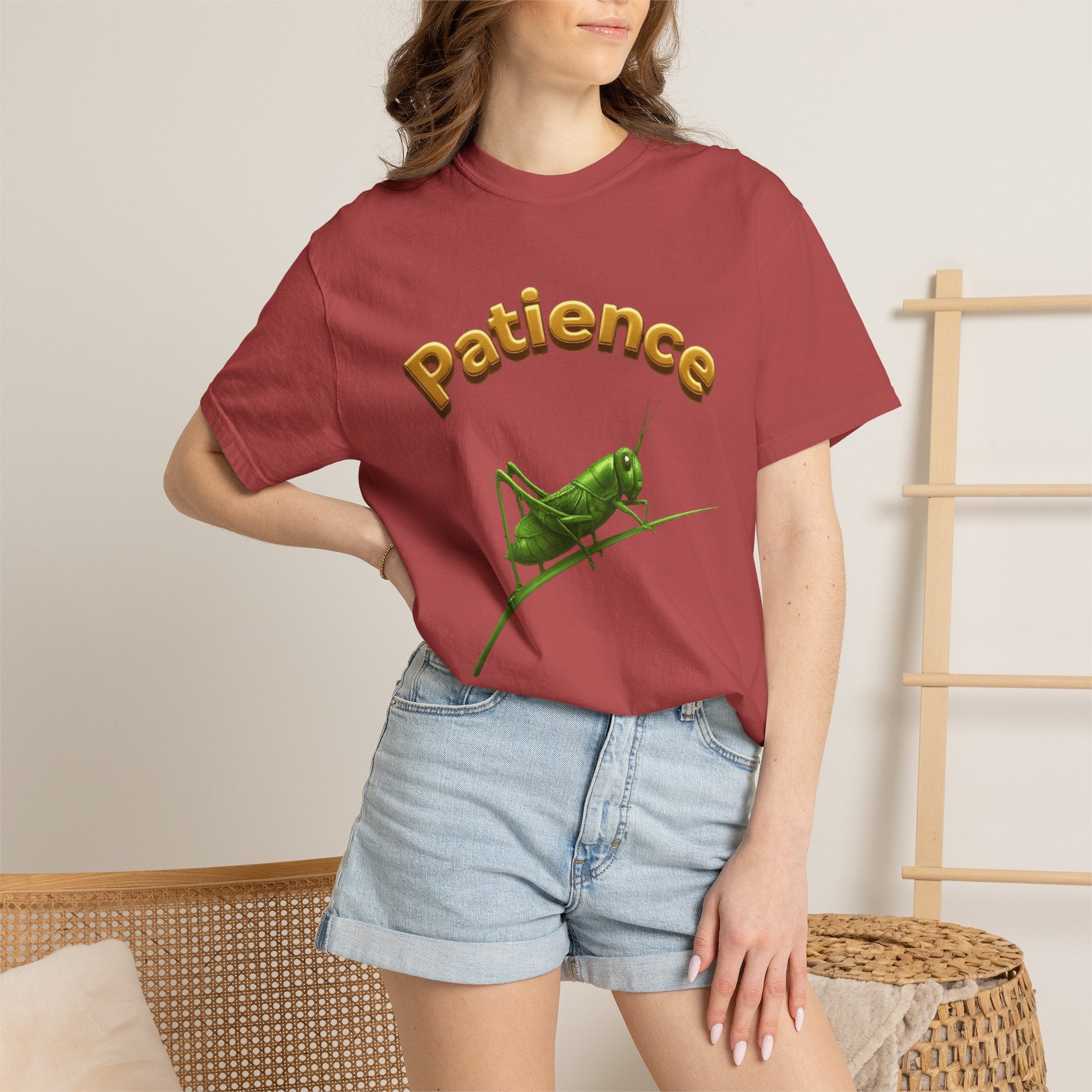 PRB Patience Grasshopper T-shirt | Green Grasshopper Illustration, Positive Quote by Printify