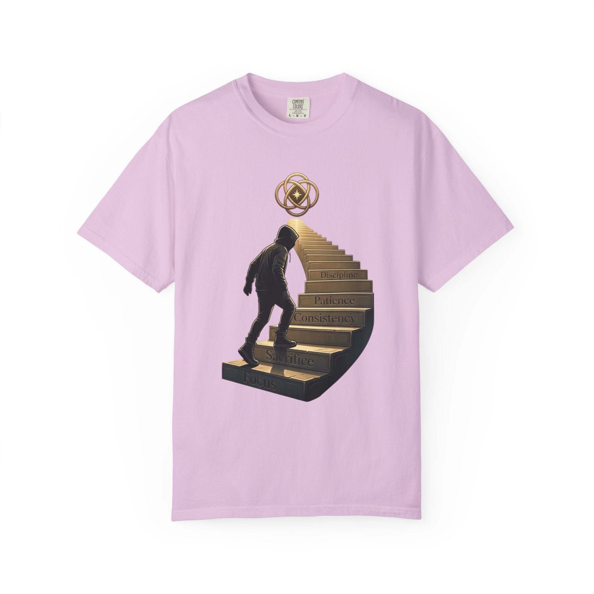 Printify PRB Stairway of Growth T-Shirt | Person Ascending Steps with Symbols - T-Shirt