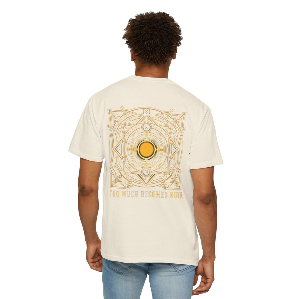 Power Runs Black PRB — Veyra Kain Geometric Sigil Tee with “Too Much Becomes Ruin” Graphic T-Shirt by Printify
