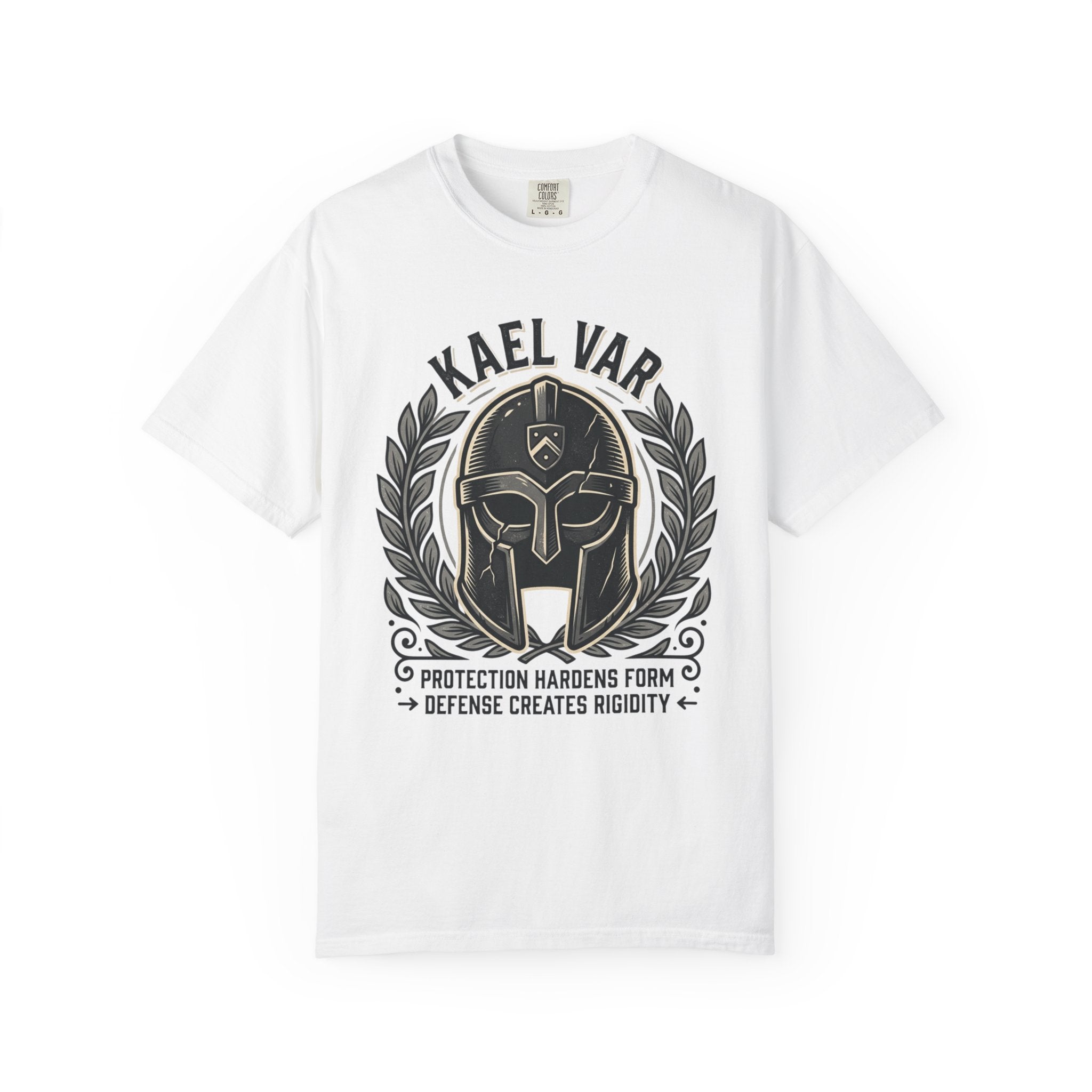 Power Runs Black PRB Kael Var Helmet Graphic T-Shirt — "Protection Hardens Form" Warrior Tee by Printify