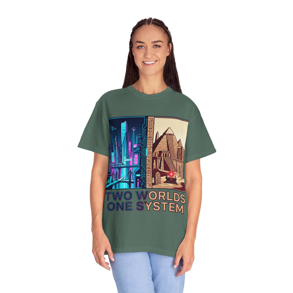 Power Runs Black PRB Blue Technopolis/ Red Dominion Two Worlds One System T-Shirt by Power Runs Black