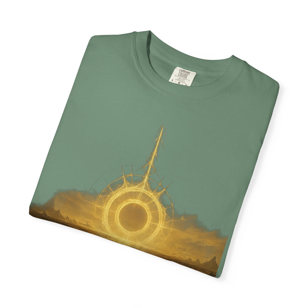 Power Runs Black PRB Golden Eclipse Portal T-shirt | Fantasy Landscape, Mystic Ring, Tower Art by Power Runs Black