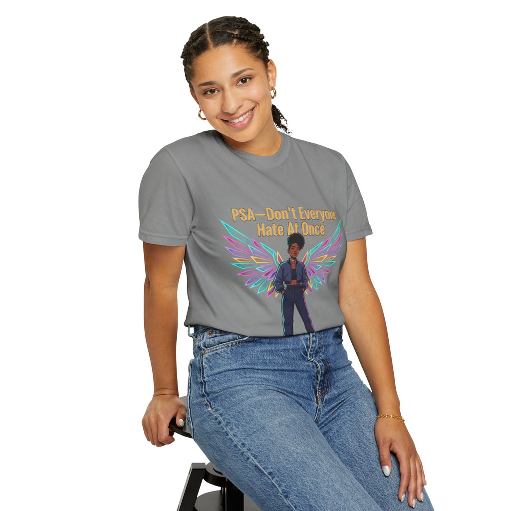 T-Shirt — PSA “Don't Everyone Hate At Once” Angel Wings Graphic Tee by Printify
