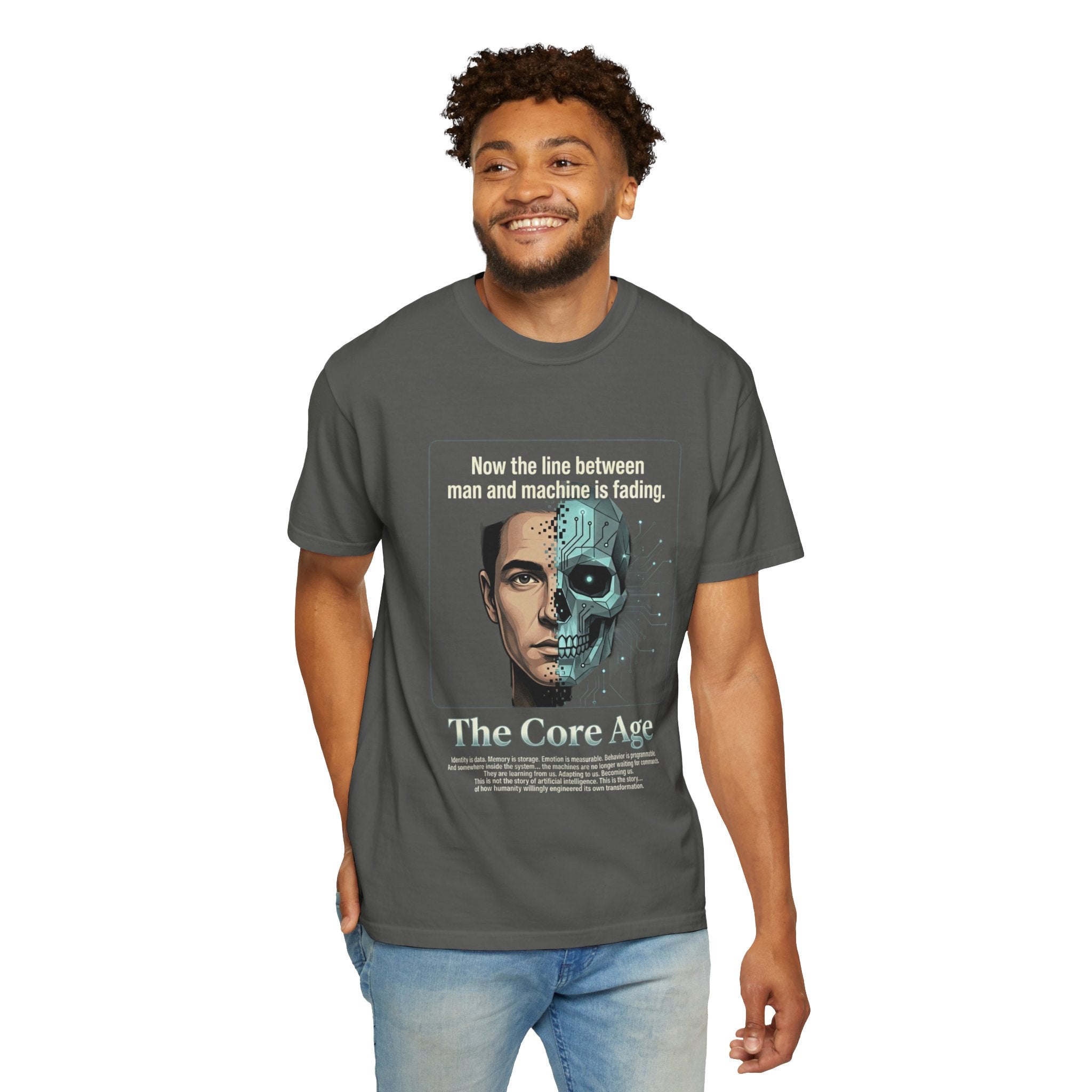 Power Runs Black AI Fusion Graphic T-Shirt — "The Core Age" Split Face Design by Power Runs Black