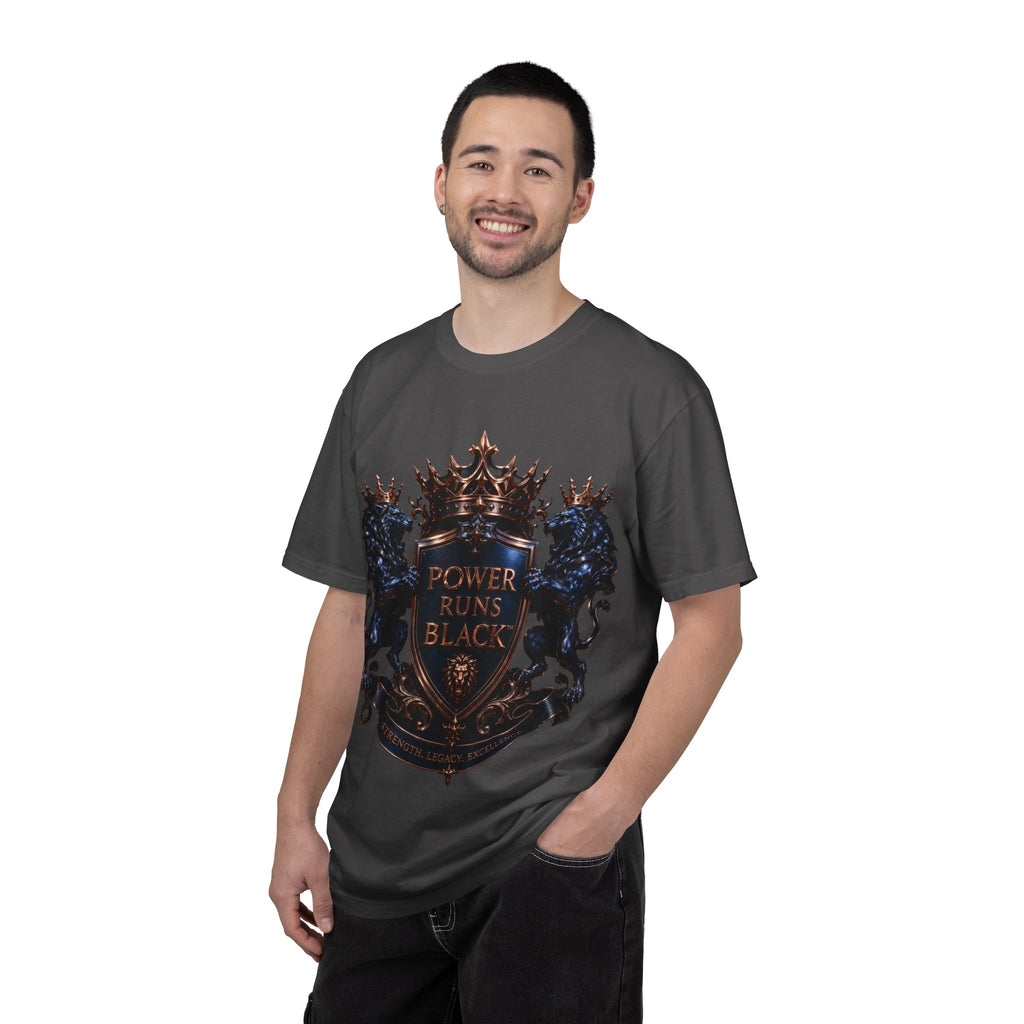 Power Runs Black Crest T-shirt | Heraldic Lion Shield Tee by Power Runs Black