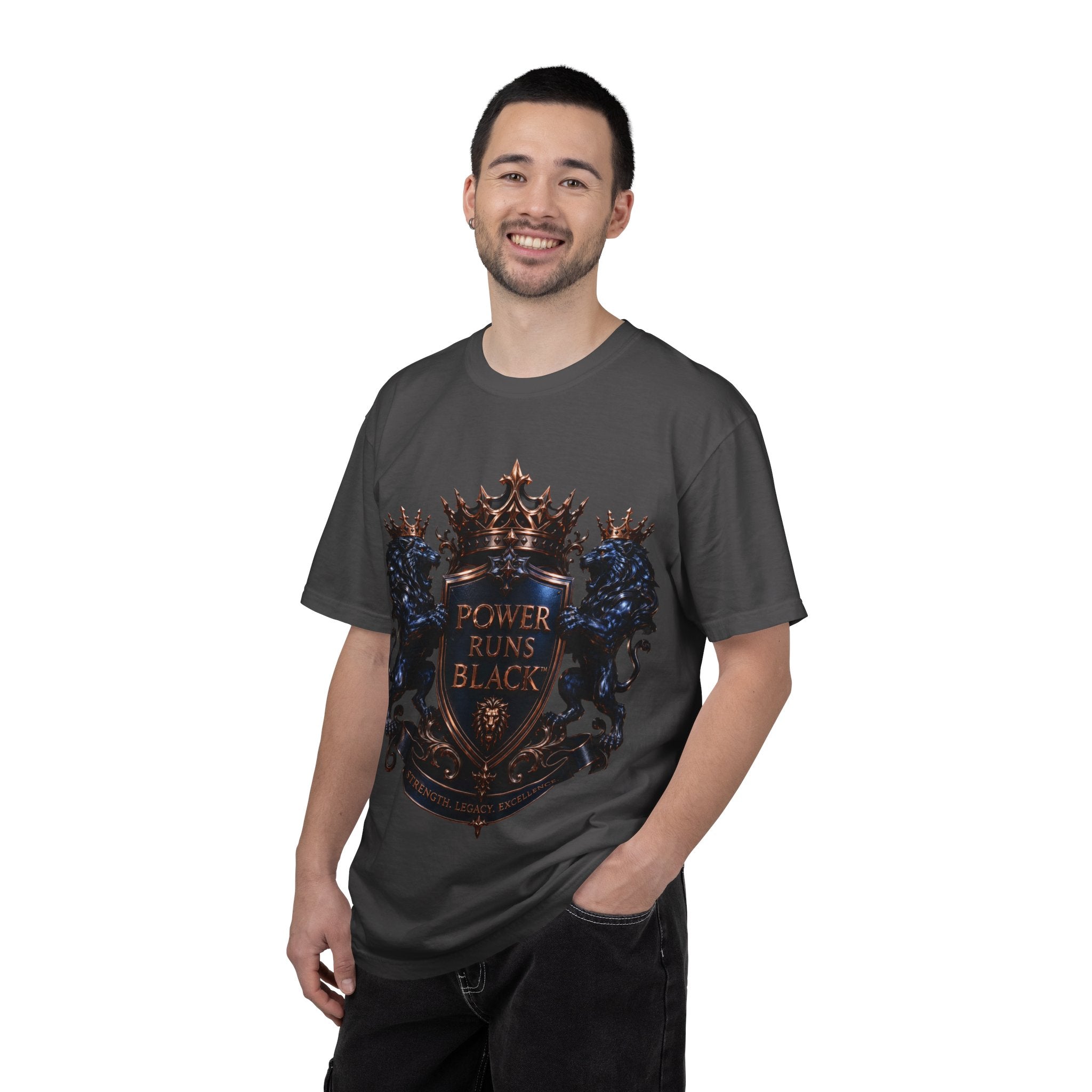 Power Runs Black Crest T-shirt | Heraldic Lion Shield Tee by Power Runs Black