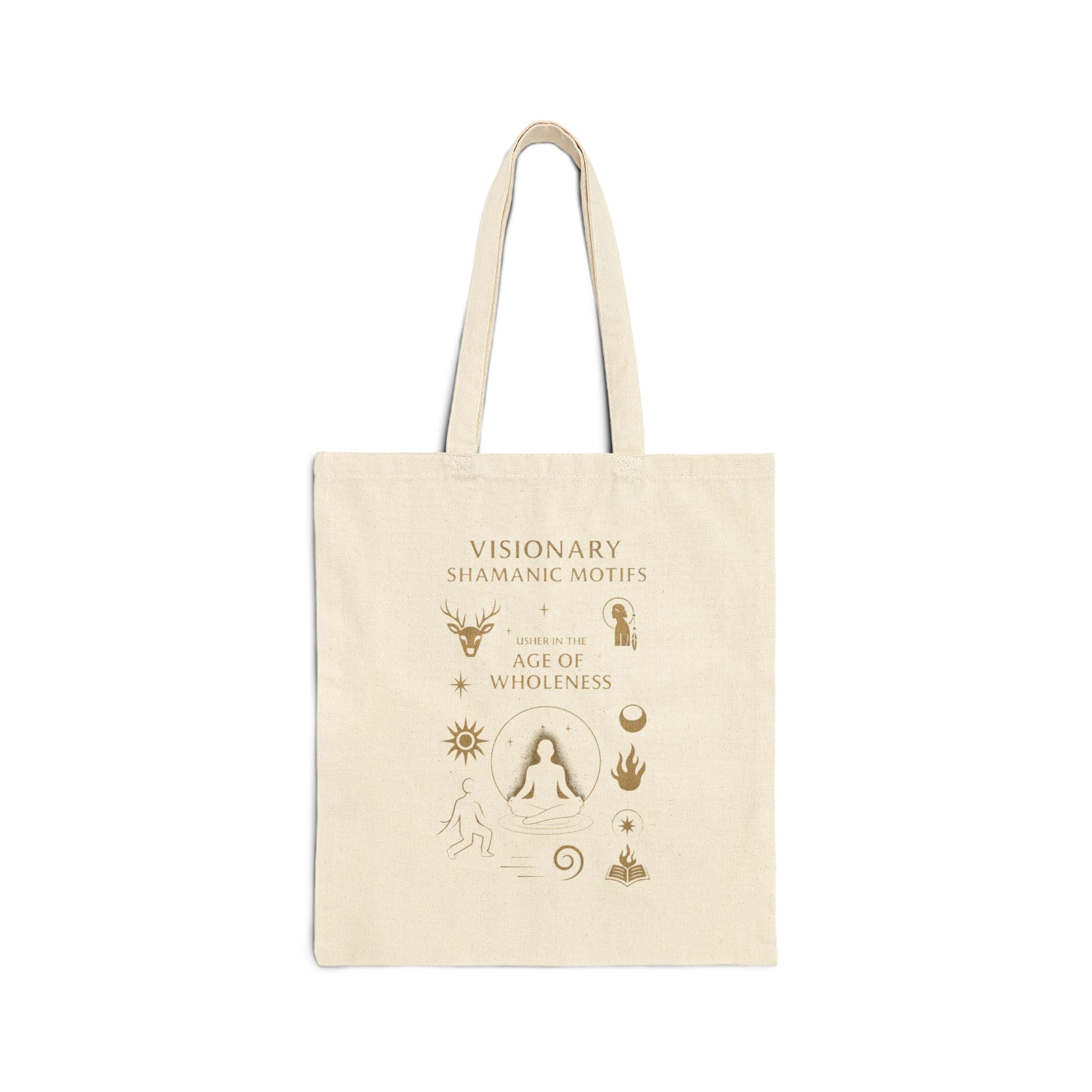 Visionary Shamanic Motifs Canvas Tote Bag — Spiritual Symbols Market Tote by Power Runs Black