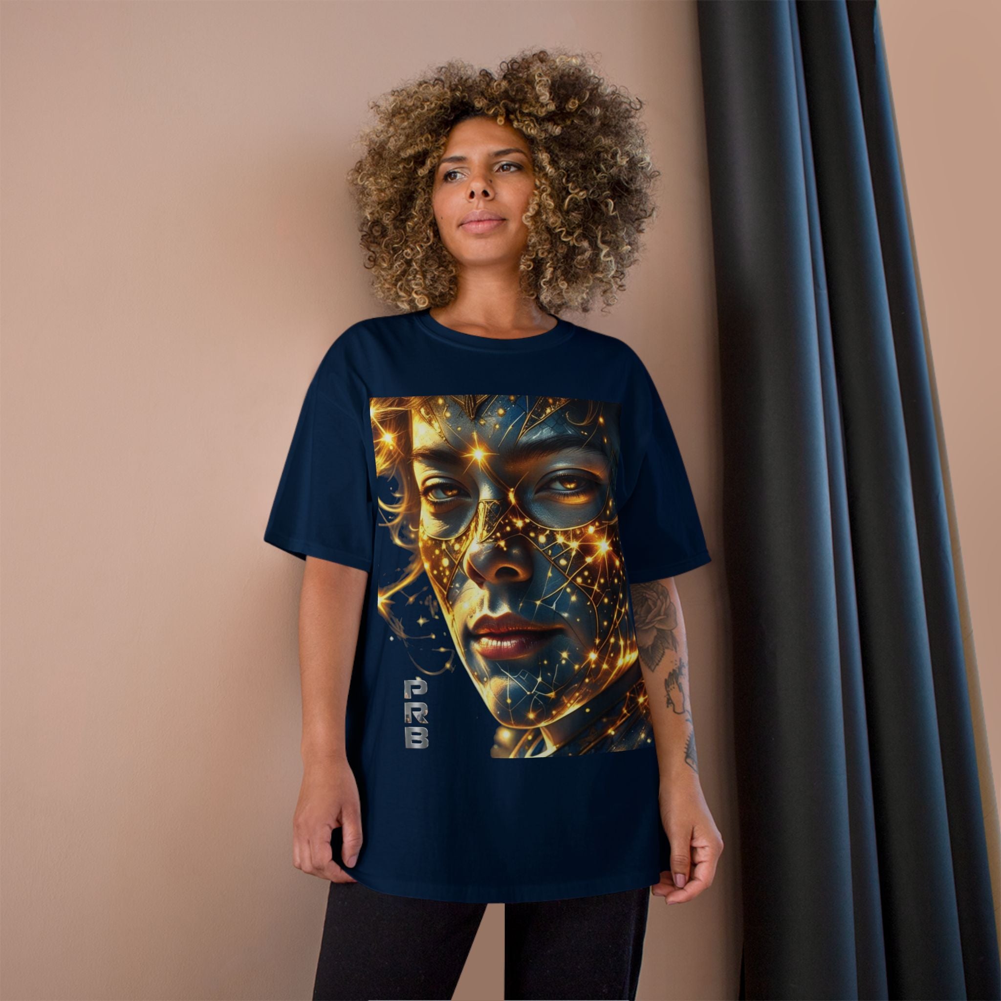 PRB Champion T-Shirt — Cosmic Face Art Tee (Radiant Star Portrait) by Printify