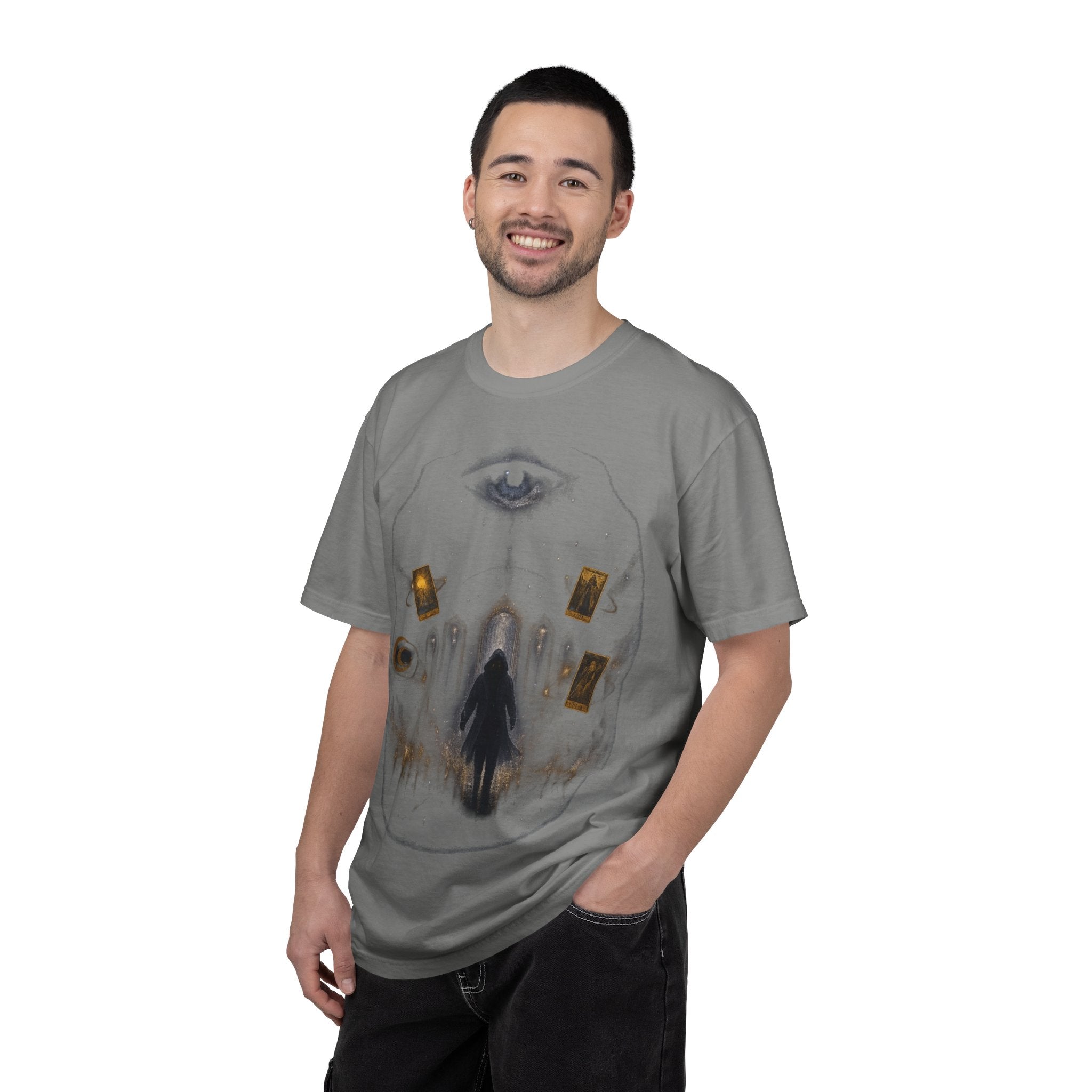 PRB Occult Tarot Skull T-Shirt — Mystic Eye & Shadow Figure Graphic by Power Runs Black