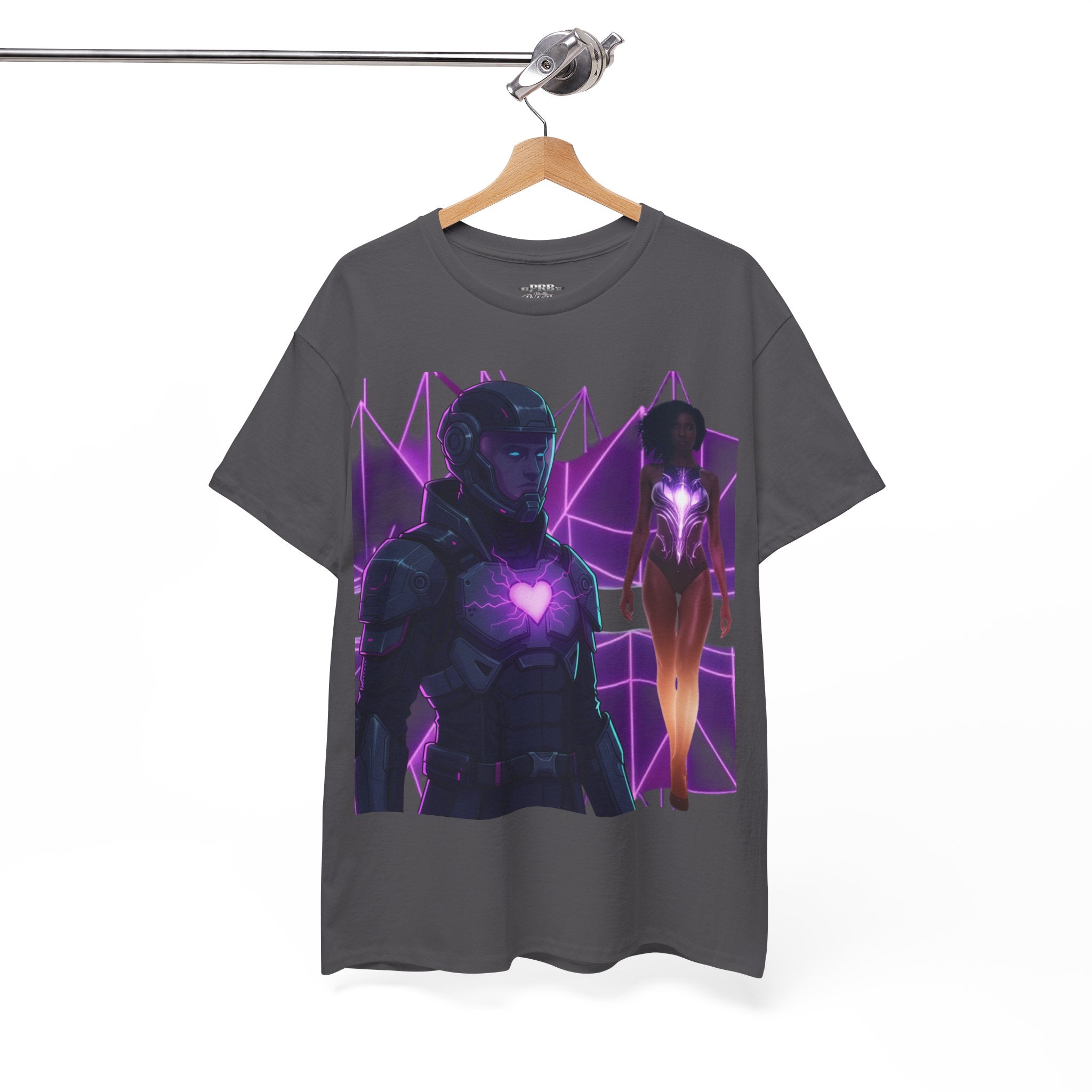 Power Run Black PRB Pretty Rich Bitch The Collection Purple Heart Cyberpunk Knight T-Shirt | Futuristic Armor Sci‑Fi Tee by Printify