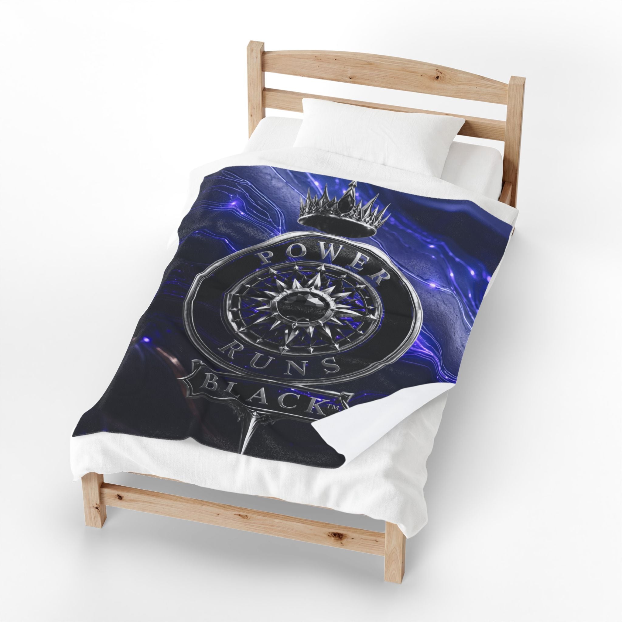 Power Runs Black Velveteen Plush Blanket – Galactic Crown Emblem by Power Runs Black