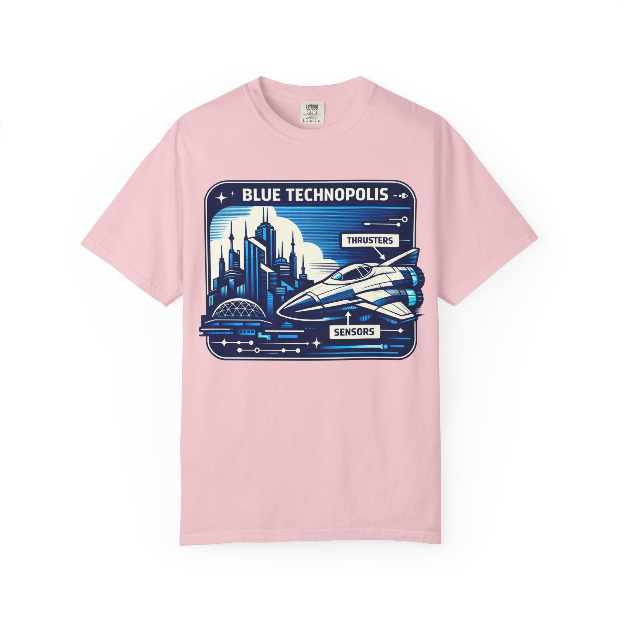 Power Runs Black PRB Technopolis Spacecraft T-Shirt — Blue Technopolis Retro Sci‑Fi Tee by Power Runs Black