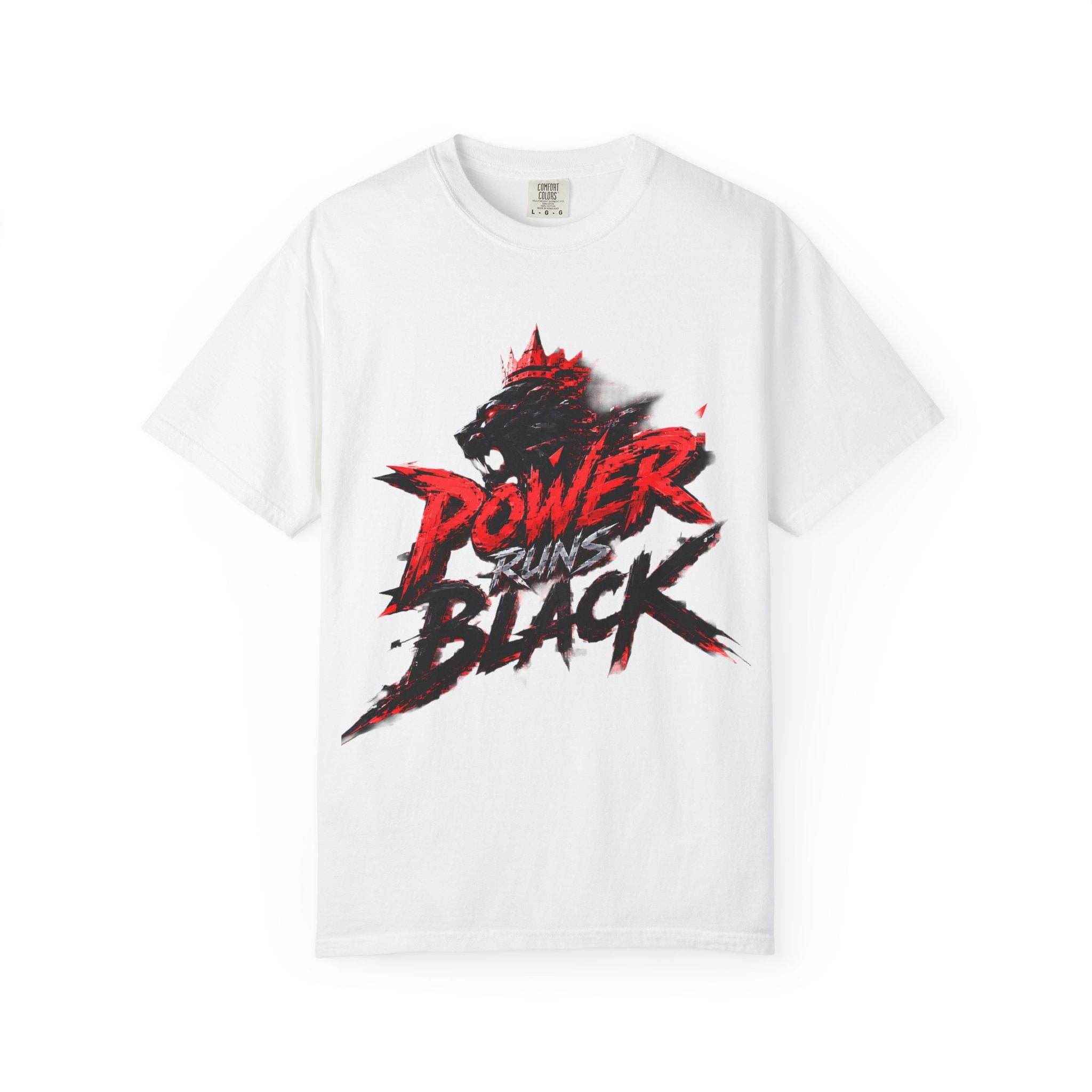 Power Runs Black T-shirt | Wolf Silhouette, Red Black Graphic Tee by Power Runs Black