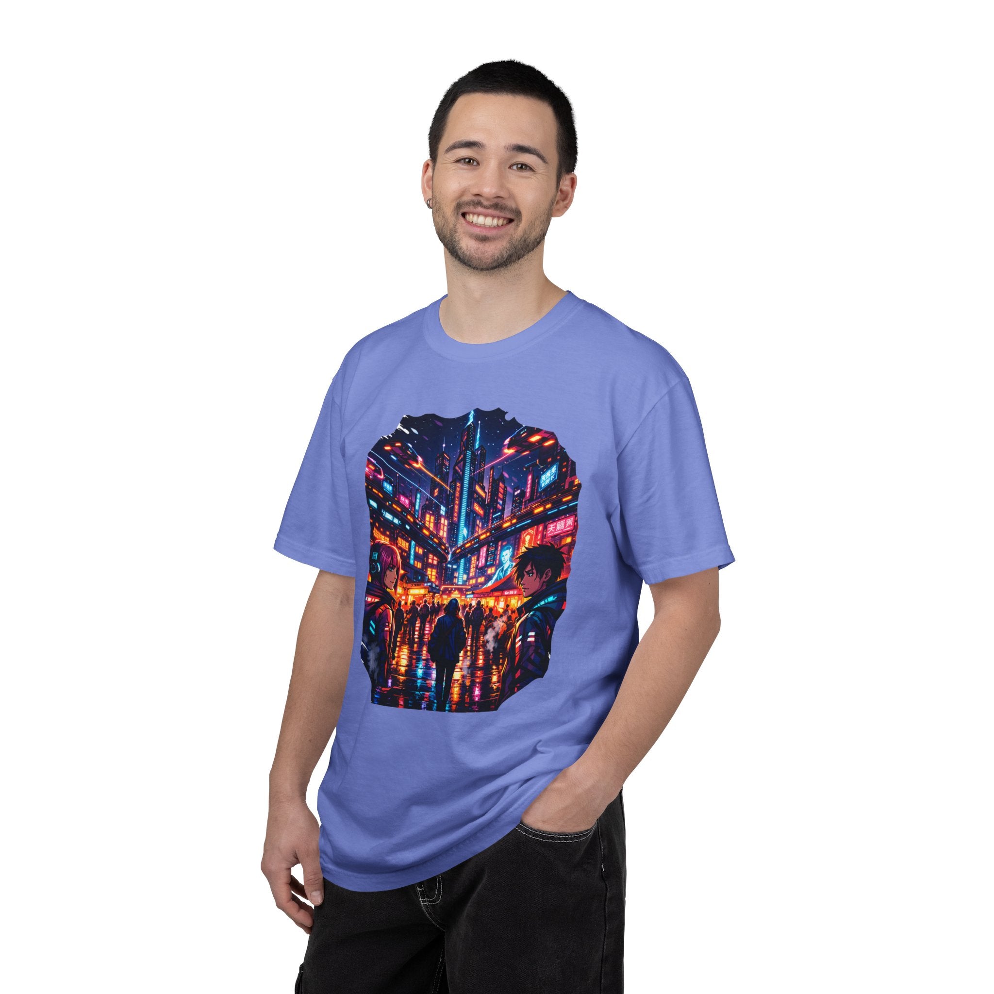 PRB Neon Cyberpunk Cityscape T-shirt | Anime Night Rain Streets by Power Runs Black